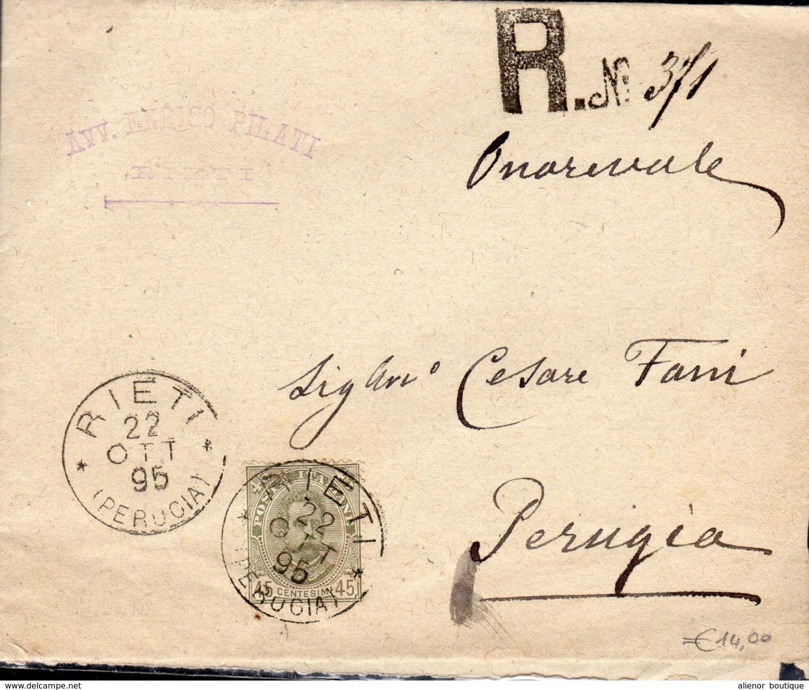 LETTRE RECOMMANDEE 1895 - POSTEE A RIETI (PERUGIA) - PAS DE CORRESPONDANCE - - Storia Postale