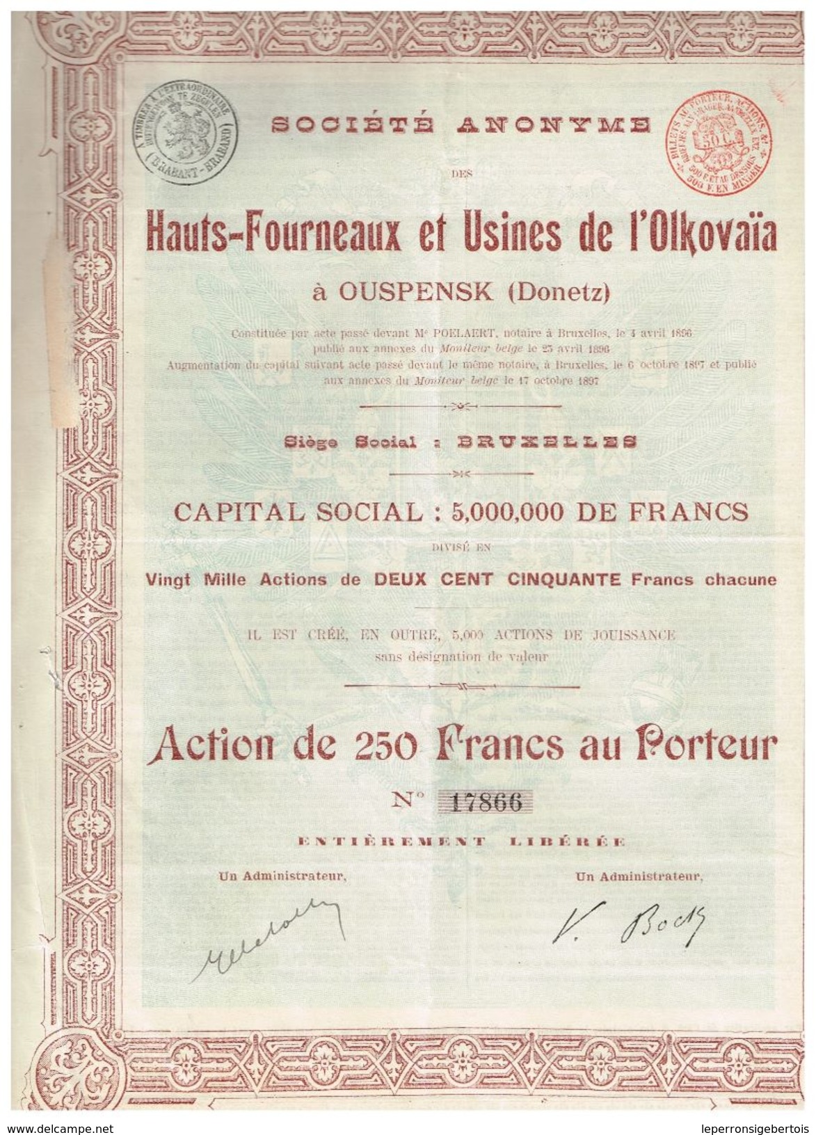 Action Ancienne - Hauts Fourneaux Et Usines De L'Olkovaïa  à Ouspensk (Donetz) -Titre De 1897 - Russie