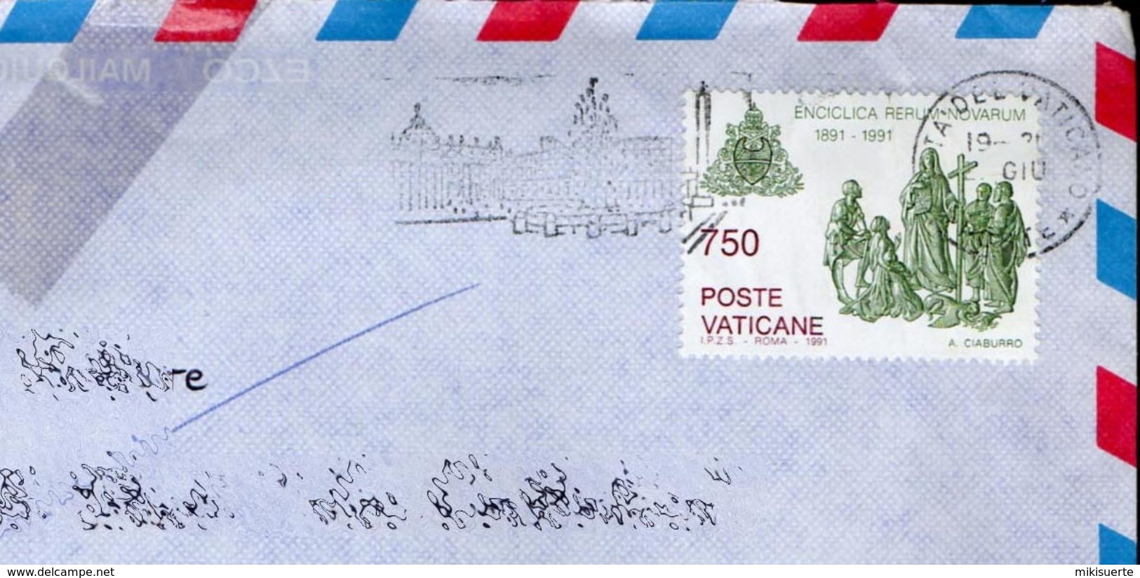 C2061 POSTE VATICANE STORIA POSTALE 1991 ENCICLICA RERUM NOVARUM Lire 750 ISOLATO (m) - Storia Postale