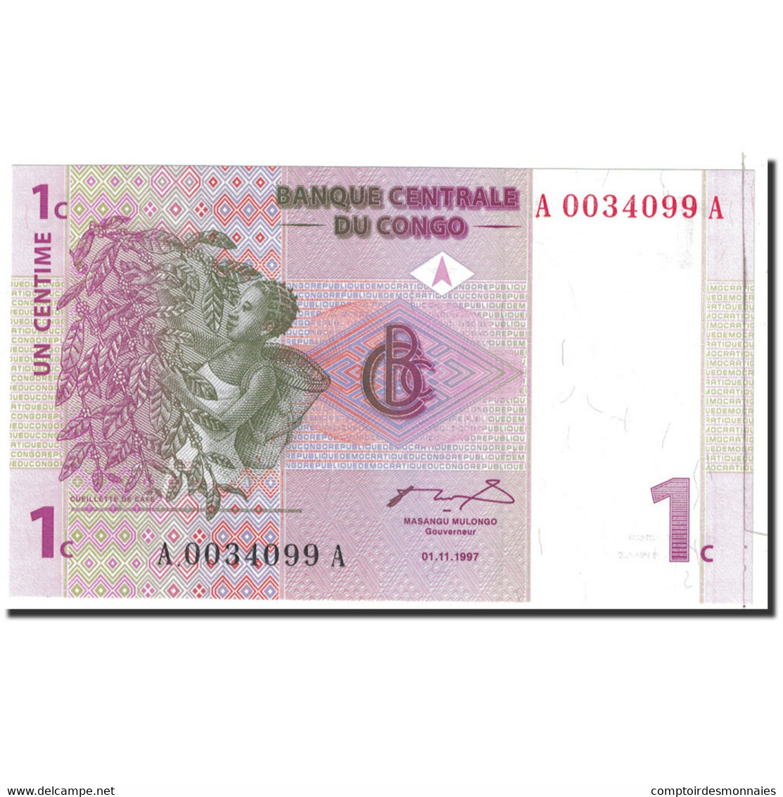 Billet, Congo Democratic Republic, 1 Centime, 1997, 1997-11-01, KM:80a, NEUF - Democratische Republiek Congo & Zaire