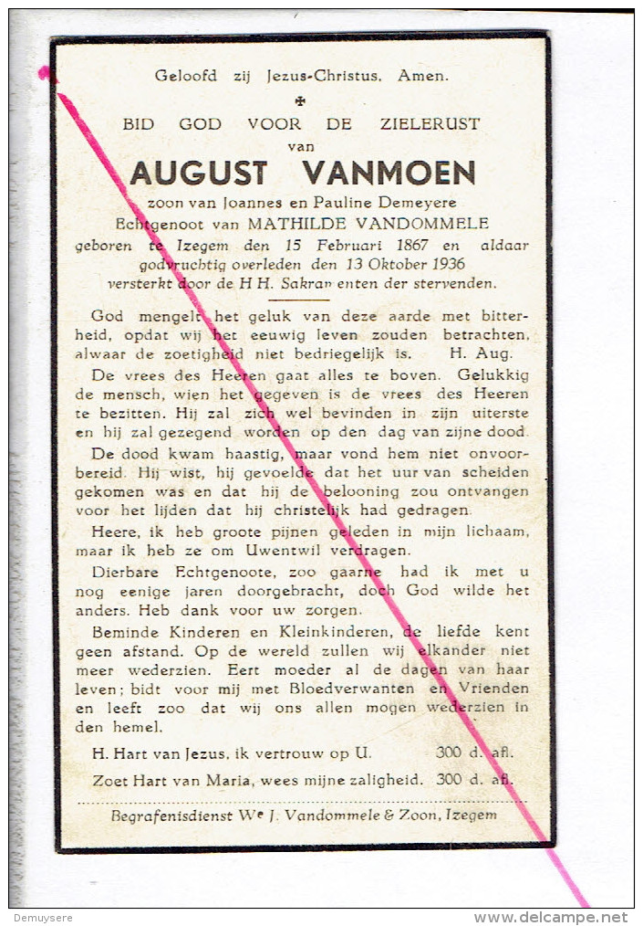 DP 2910 - AUGUST VANMOEN - IZEGEM 1867 + 1936 - Imágenes Religiosas