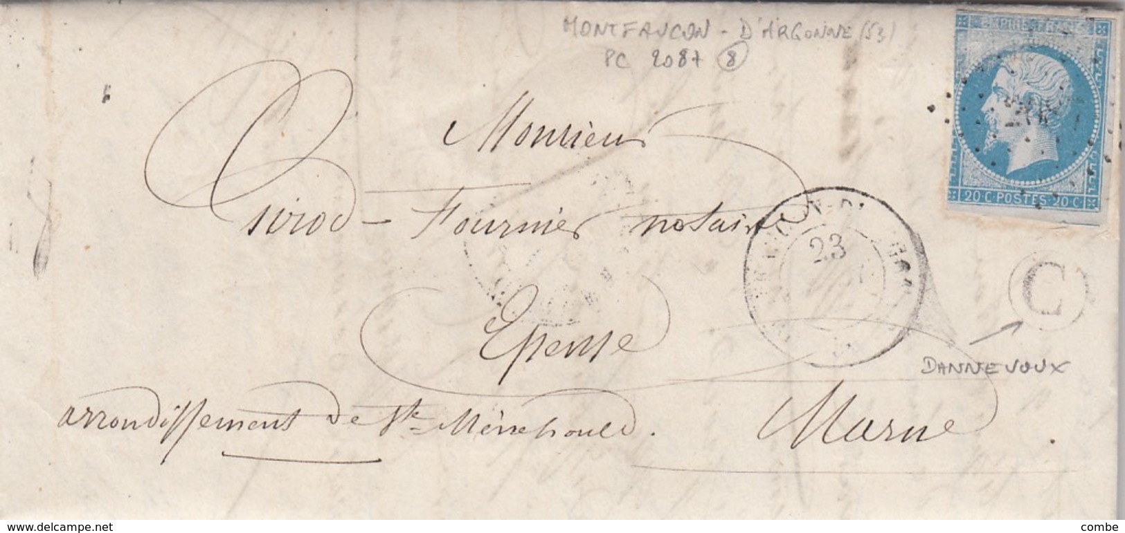 LETTRE. 23 AOUT 1858.  MEUSE MONTFAUCON D'ARGONNE. PC 2087. BOITE RURALE C= DANNEVOUX - 1849-1876: Klassik