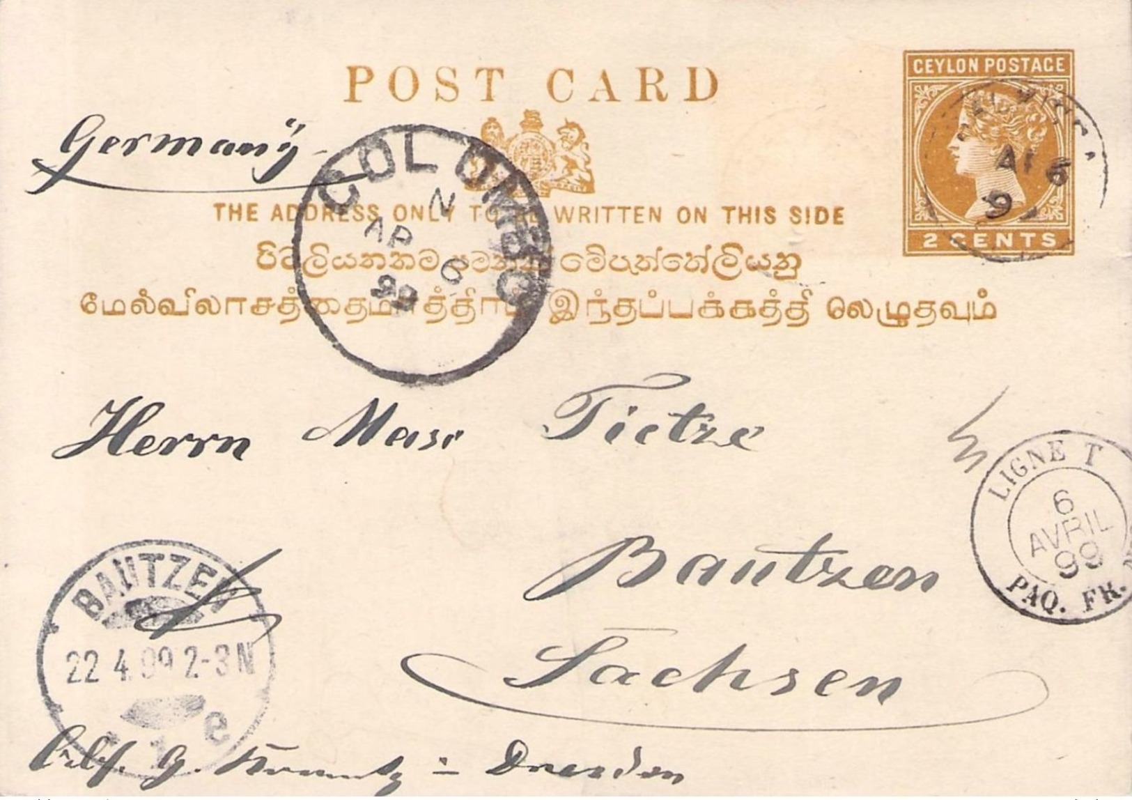 CEYLON - POSTCARD 1899 COLOMBO -> BAUTZEN/GERMANY - Ceylon (...-1947)