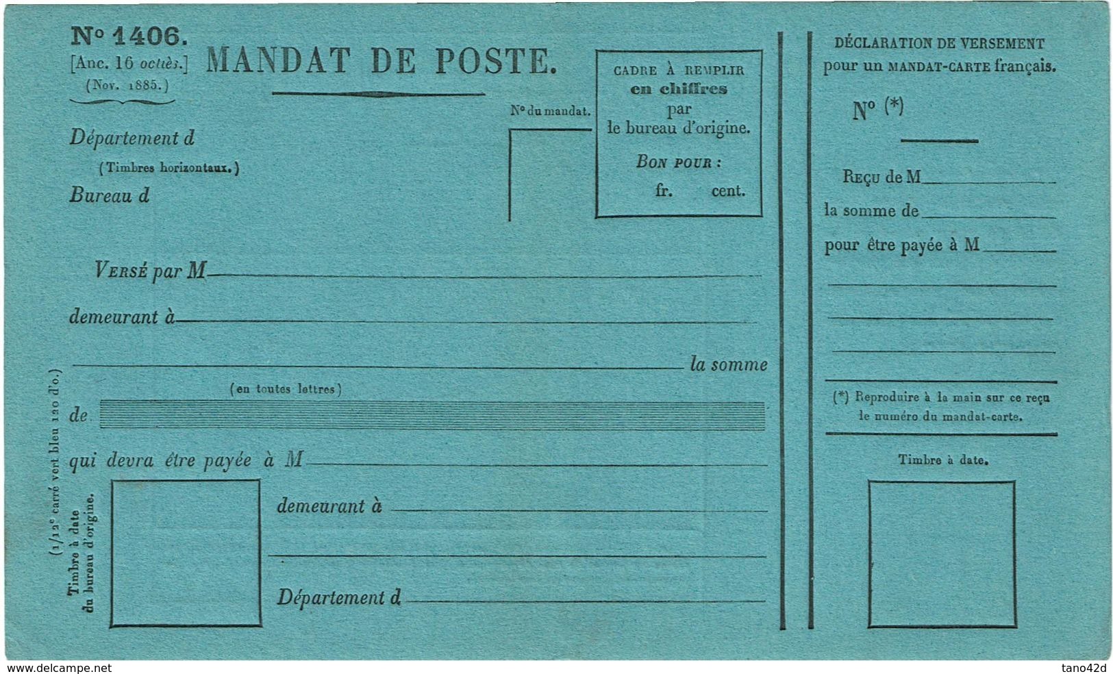 FORMULAIRE DE MANDAT POSTE MOD. 1406 - Documenti Della Posta