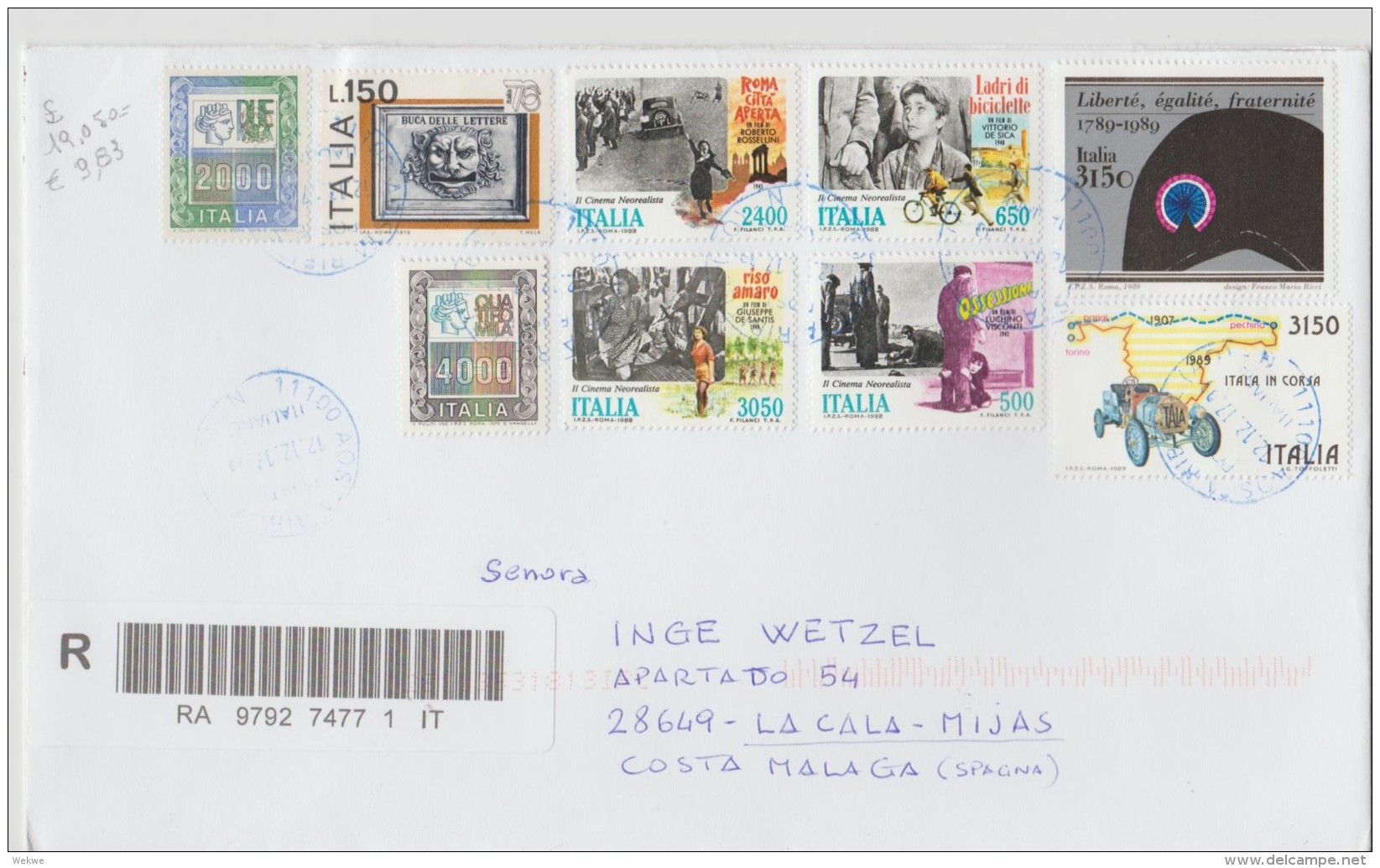 Italien XXL004 / 9 Marken 2017, Einschreiben Nach Spanien - 2011-20: Poststempel