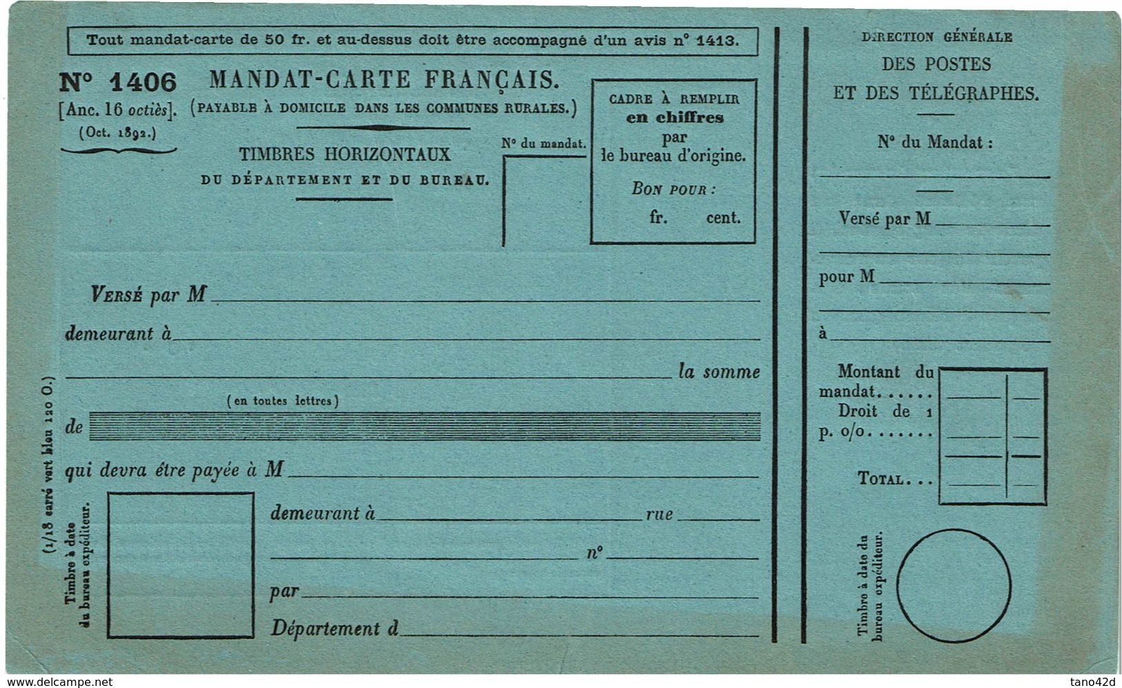 FORMULAIRE DE MANDAT POSTE MOD. 1406 - Documents De La Poste