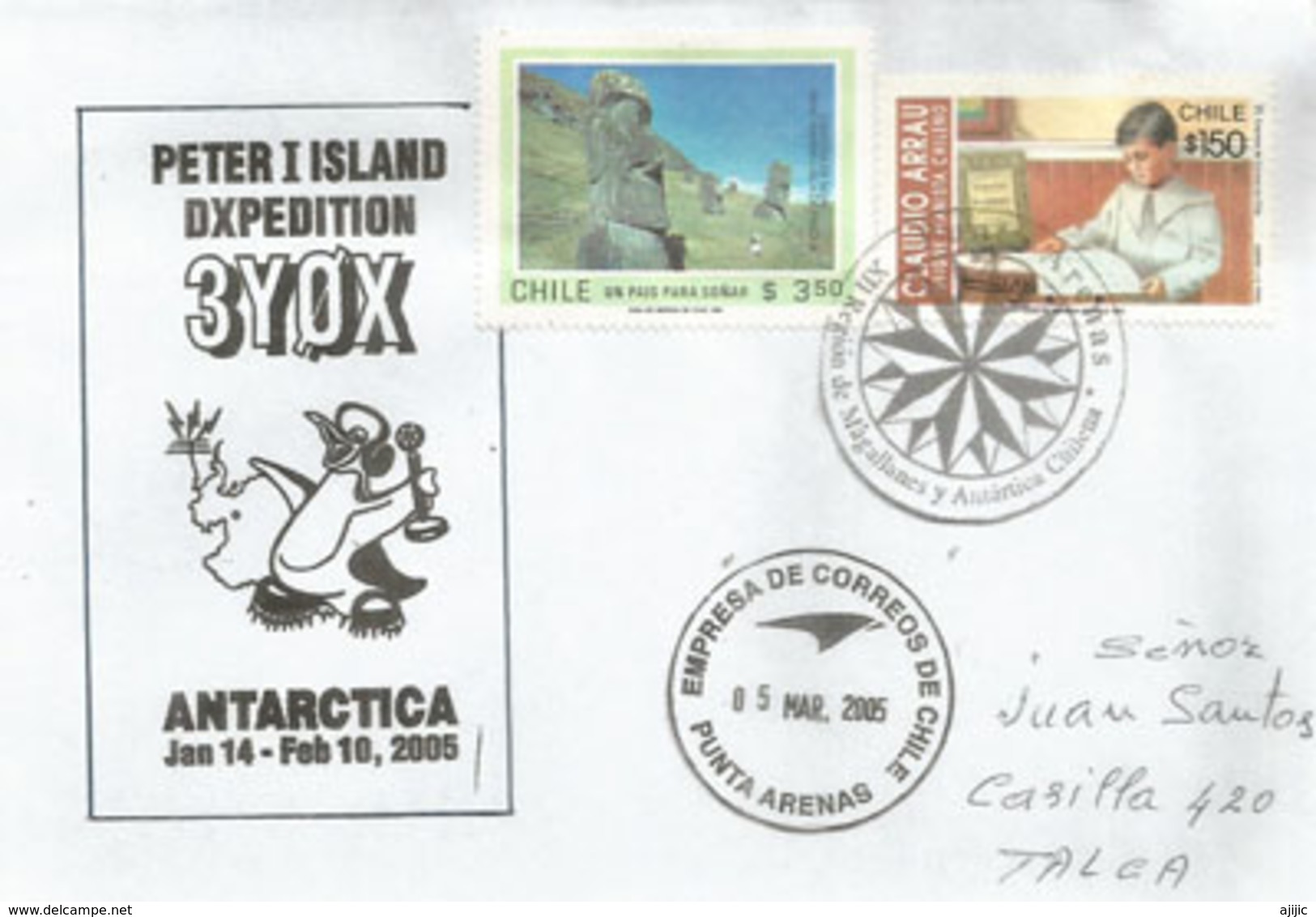 Stamp "Cantera De Moai.Rano Raraku" On Letter "Peter I Island Dxpedition 3YOX", Year 2005 - Expéditions Antarctiques