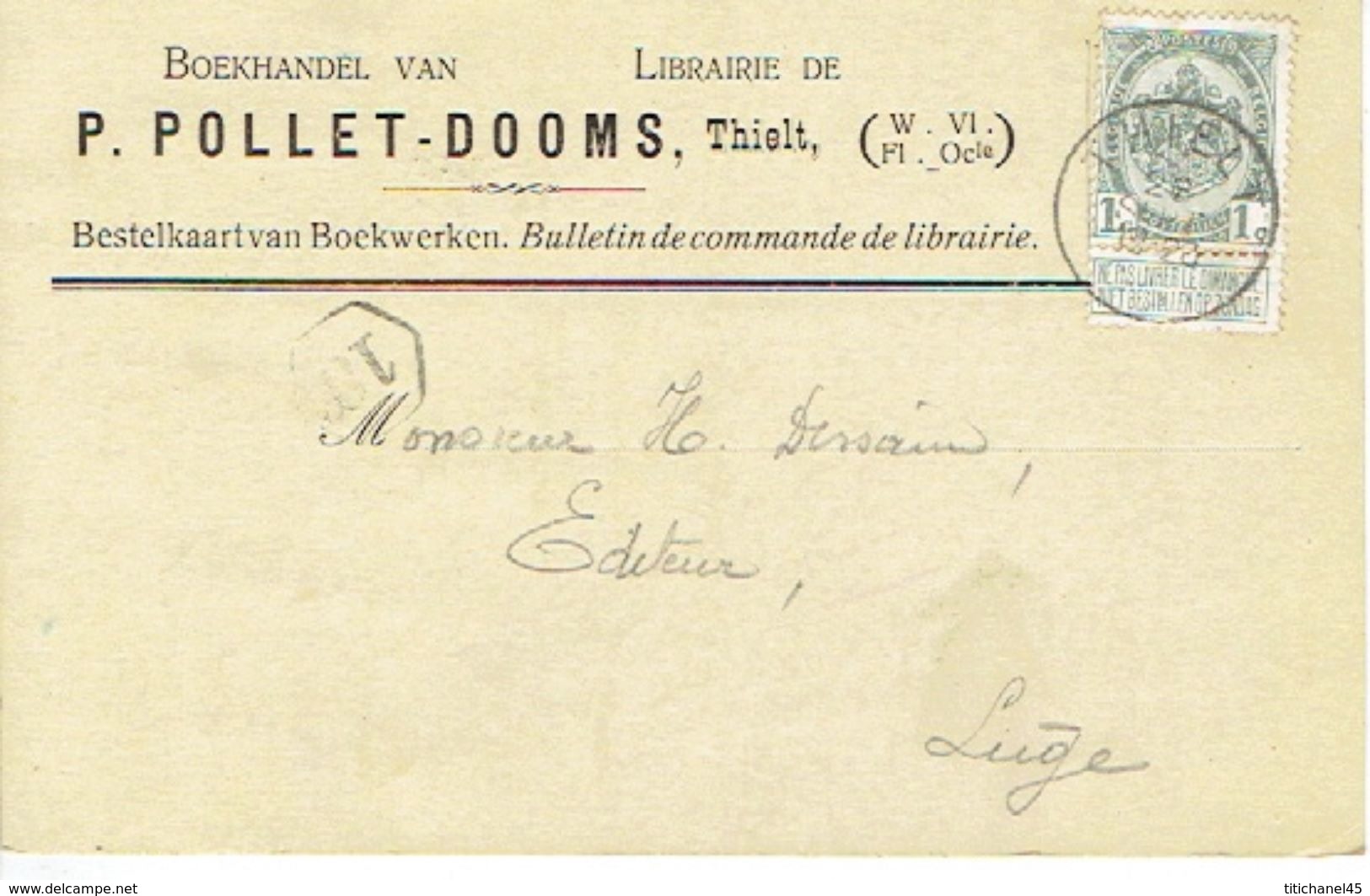 CP/PK Publicitaire TIELT 1908 - P. POLLET-DOOMS - Boekhandel Te THIELT - Tielt