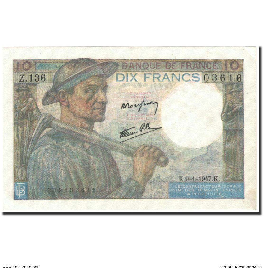 Billet, France, 10 Francs, 10 F 1941-1949 ''Mineur'', 1947, 1947-01-09, SPL+ - 10 F 1941-1949 ''Mineur''