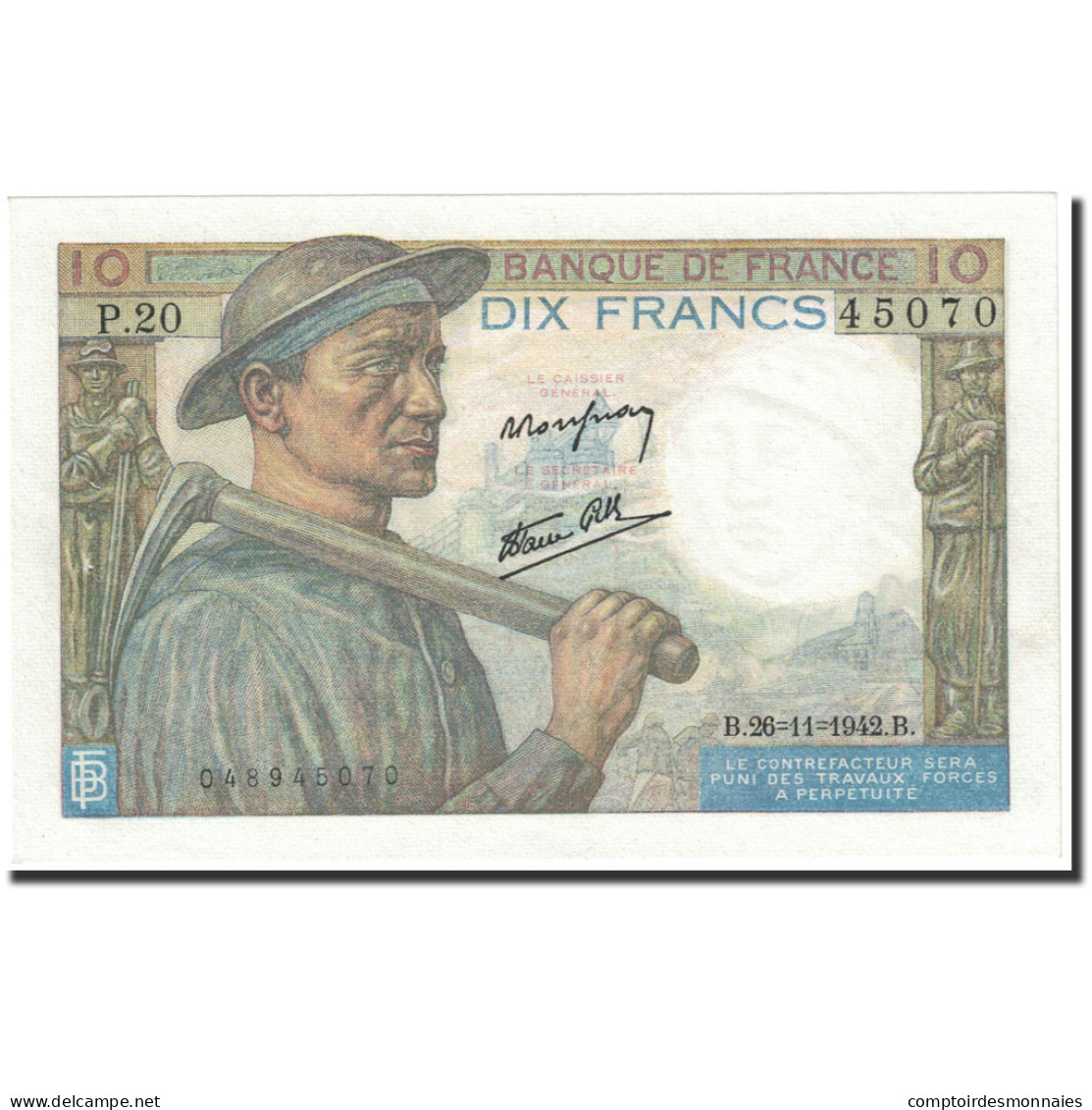 Billet, France, 10 Francs, 1942, 1942-11-26, SPL+, Fayette:8.6, KM:99e - 10 F 1941-1949 ''Mineur''