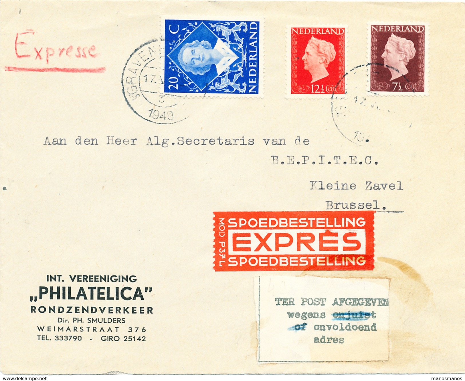 867/25 - Lettre EXPRES Pays Bas S' GRAVENHAGE 1949 Vers BRUSSEL - Etiquette Des Télégraphes TER POST AFGEGEVEN - Timbres Télégraphes [TG]