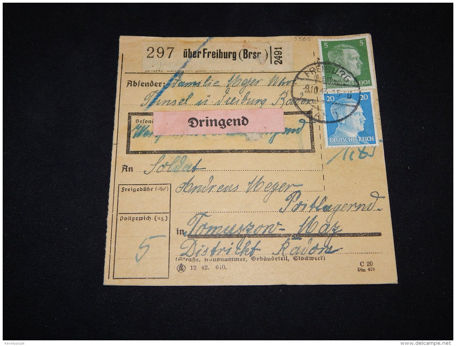 Germany 1943 Freiburg Parcel Card__(L-5565) - Lettres & Documents