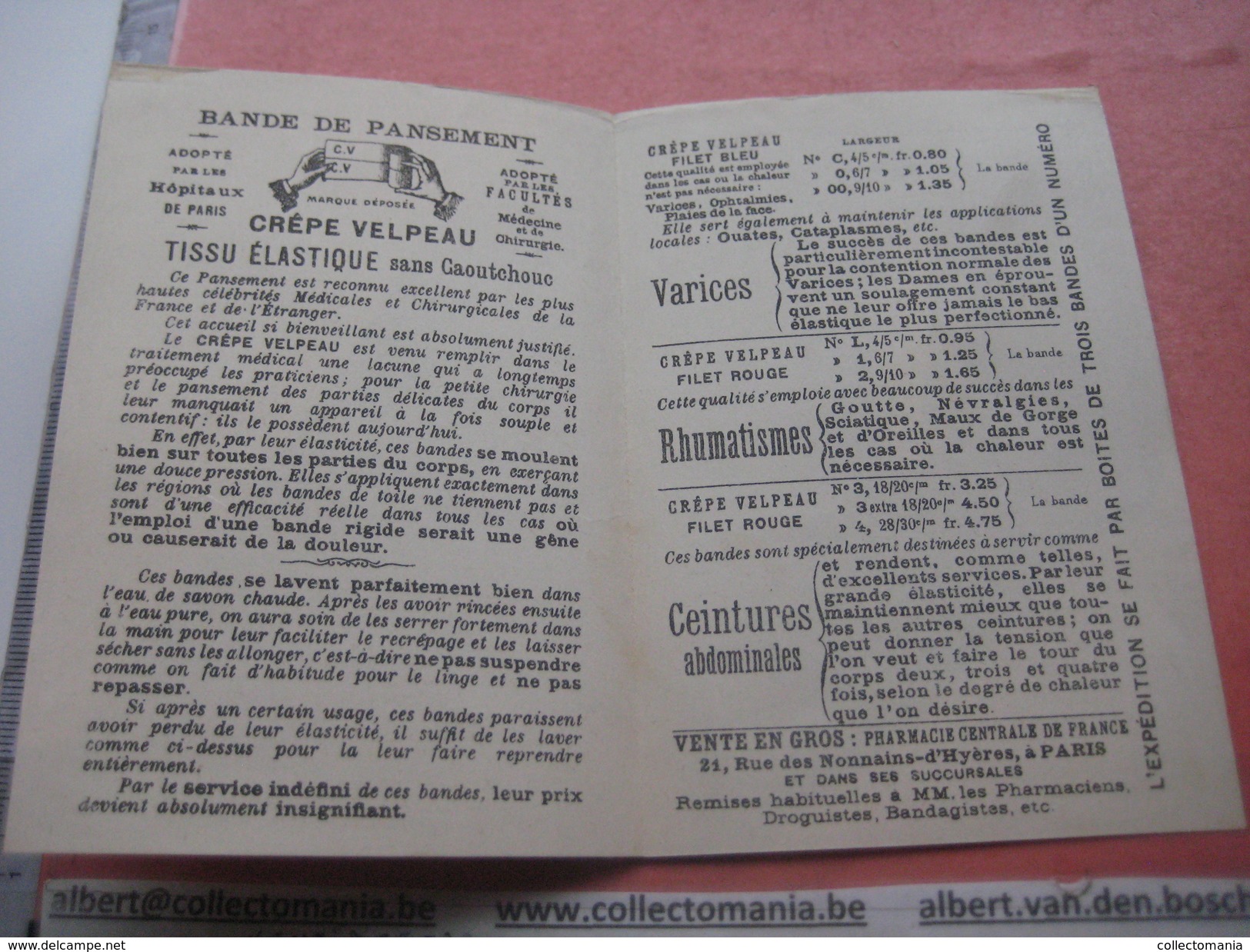 1 DEPLIANT; invention c1900 la bande de pansement ELASTIQUE :REPE VELPEAU - impr Mounier et JAMBIN bandagiste pharmacie