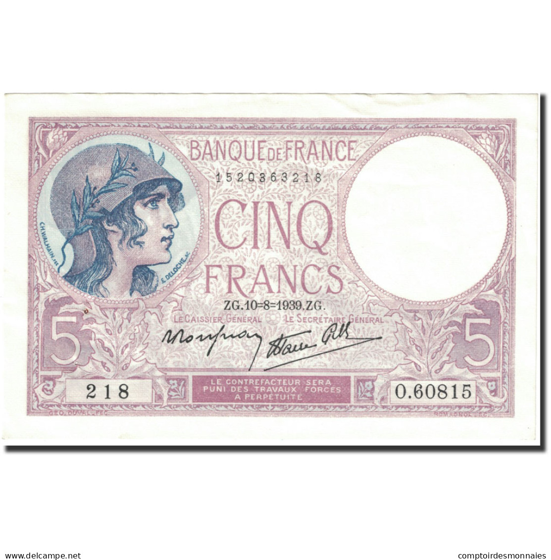 Billet, France, 5 Francs, 5 F 1917-1940 ''Violet'', 1939, 1939-08-10, SUP+ - 5 F 1917-1940 ''Violet''