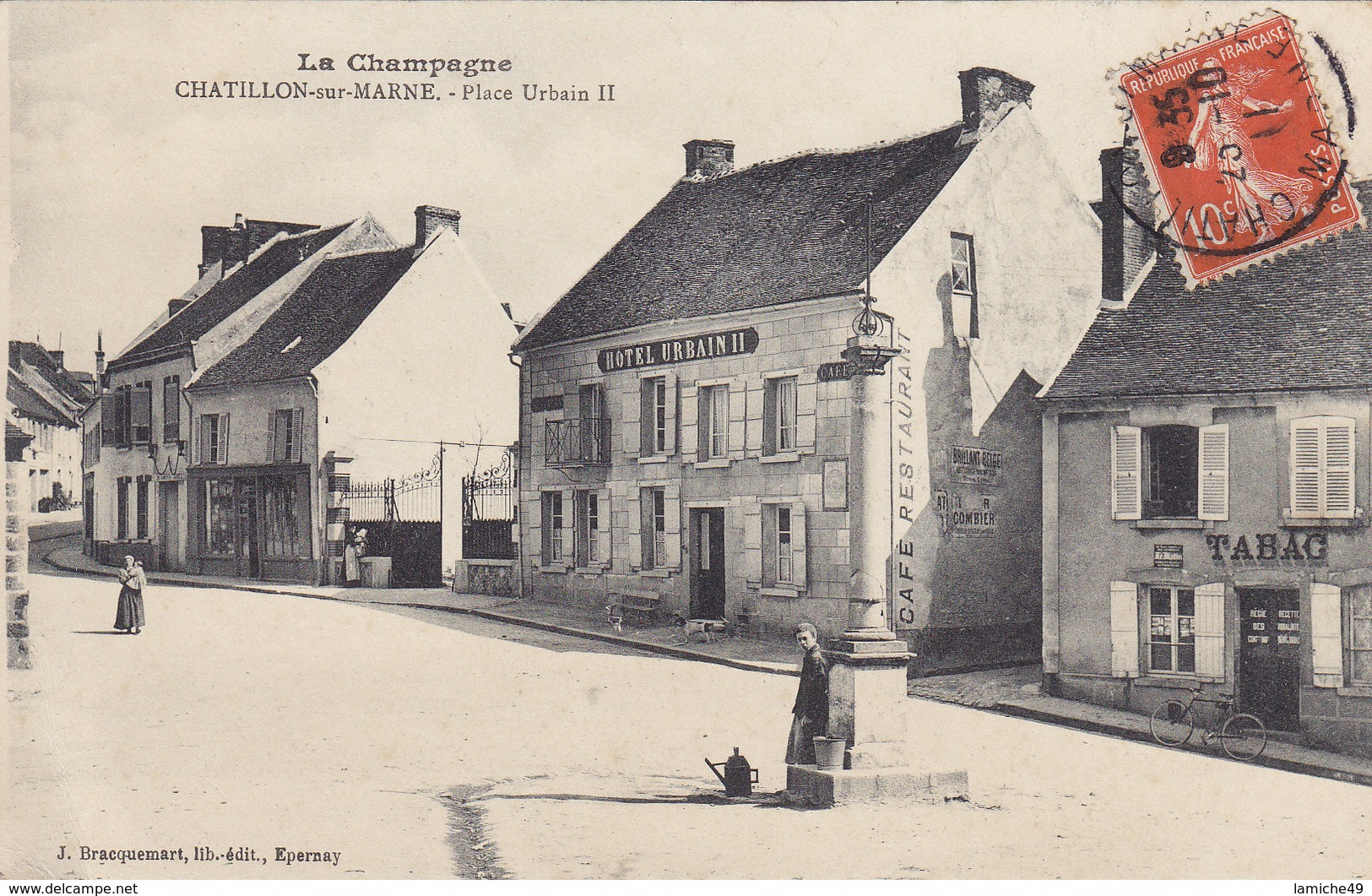 CHATILLON SUR MARNE PLACE URBAIN II Circulée Timbrée 1911 ( Hôtel Tabac ) - Châtillon-sur-Marne