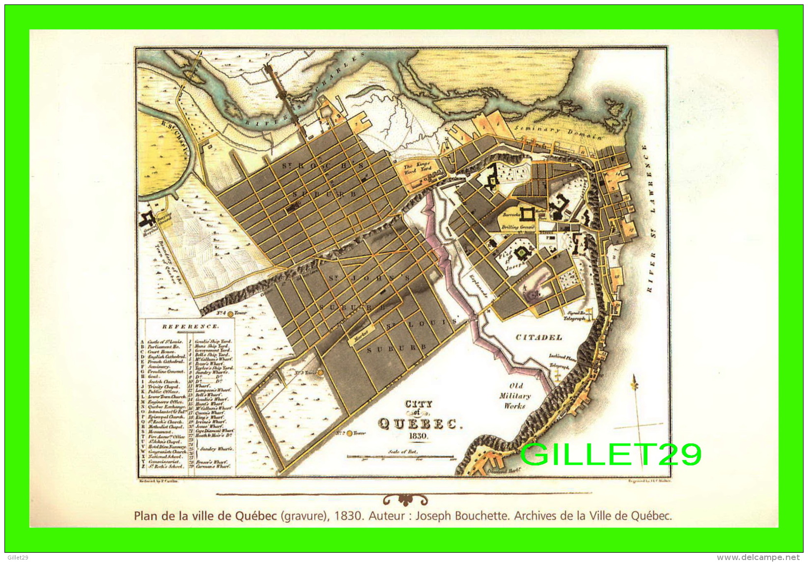 MAPS, CARTES GÉOGRAPHIQUES - PLAN DE LA VILLE DE QUÉBEC, GRAVURE DE 1830 - AUTEUR, JOSEPH BOUCHETTE - - Carte Geografiche