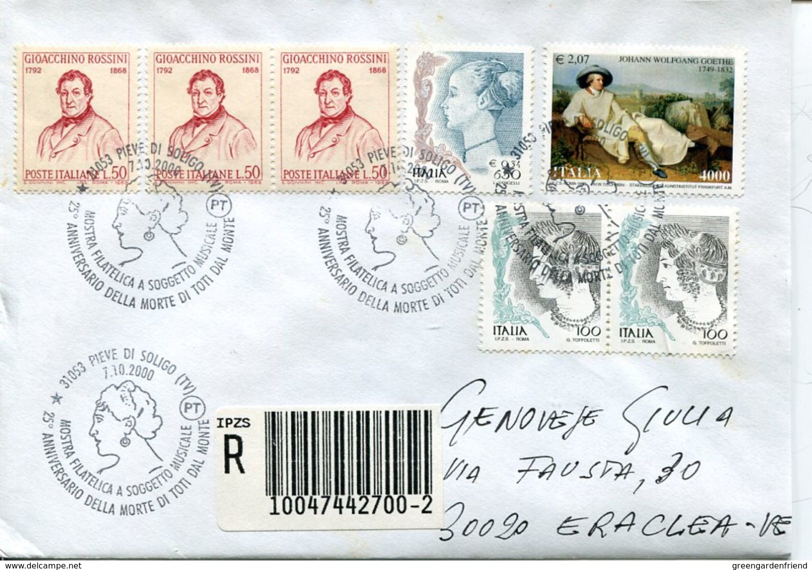 28980g  Italia, Circuled Registered Cover 2000 Pieve Di Soligo, 25th Anniversary Death Of Toti Dal Monte,opera Singer - Musique