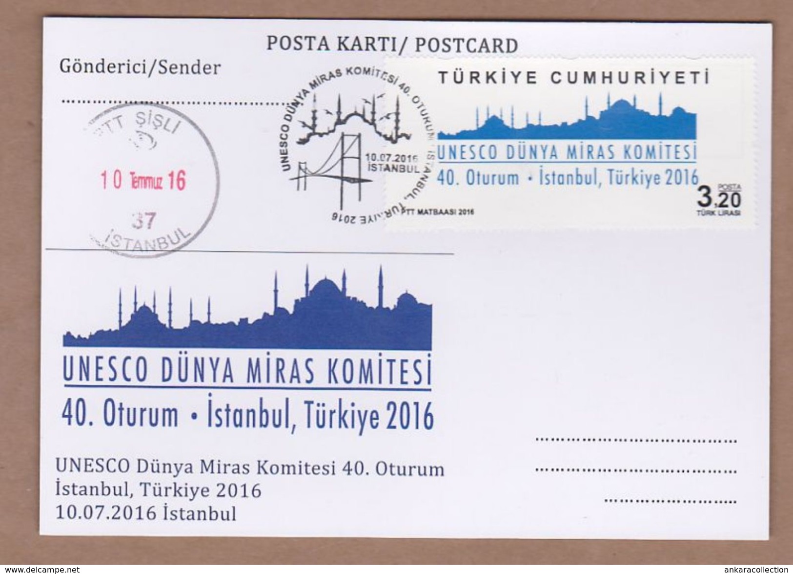 AC - TURKEY POSTAL STATIONARY - UNESCO WORLD HERITAGE COMMITTEE 40th SESSION ISTANBUL 10 JULY 2016 - Postal Stationery