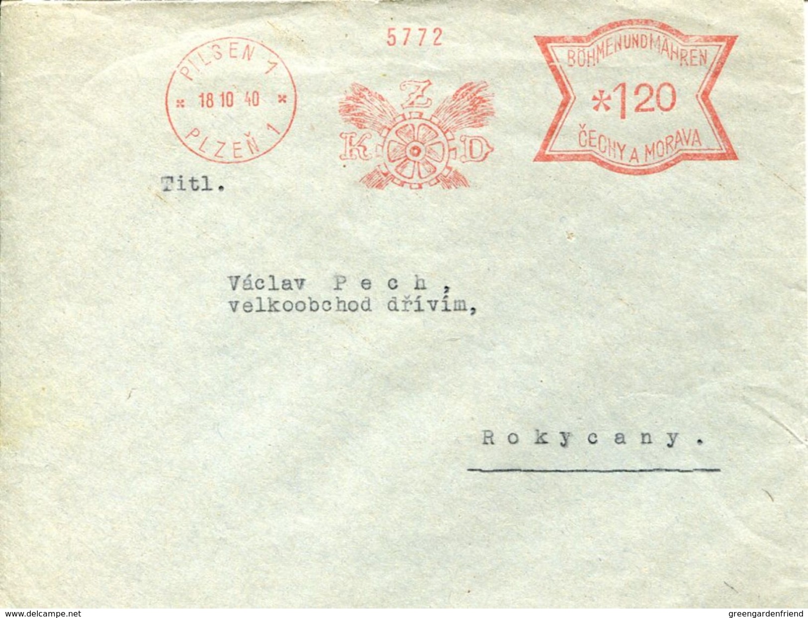 29020g  Boemia And Moravia Red Meter/freistempel/ema/1940 Plzen, ZKD  Muhlen - Storia Postale