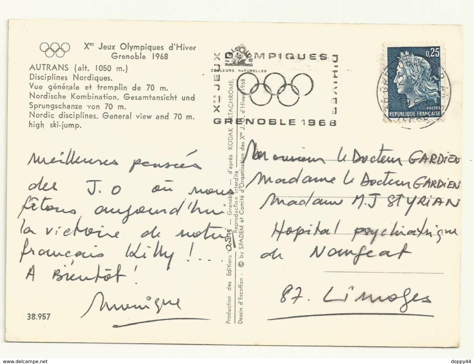 THEME JEUX OLYMPIQUE  GRENOBLE  CARTE POSTALE AUTRANS + OBLITERATION JO GRENOBLE 1968  SUPERBE - Hiver 1968: Grenoble