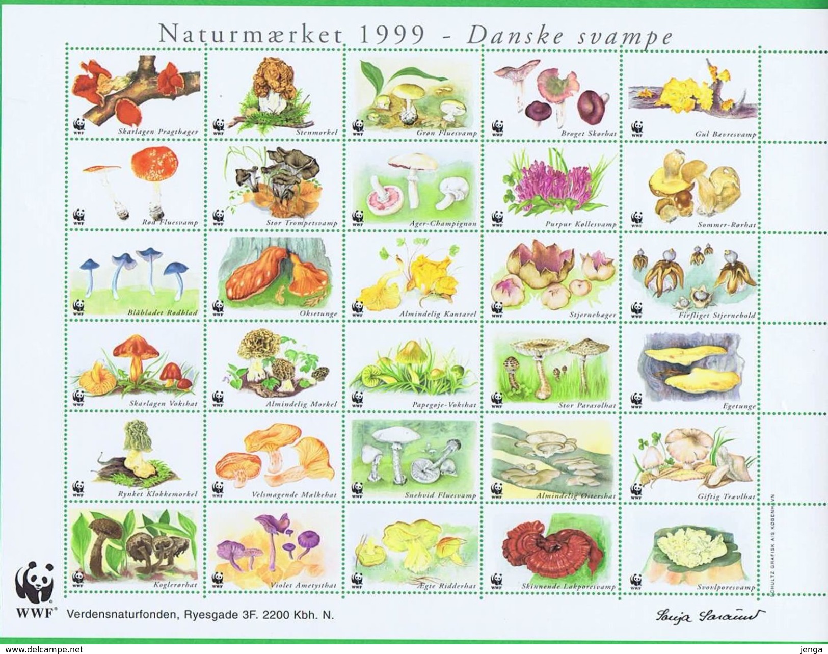 Denmark WWF 1999.  Sheet  With 30 Labels;  Danish Mushrooms - Other & Unclassified