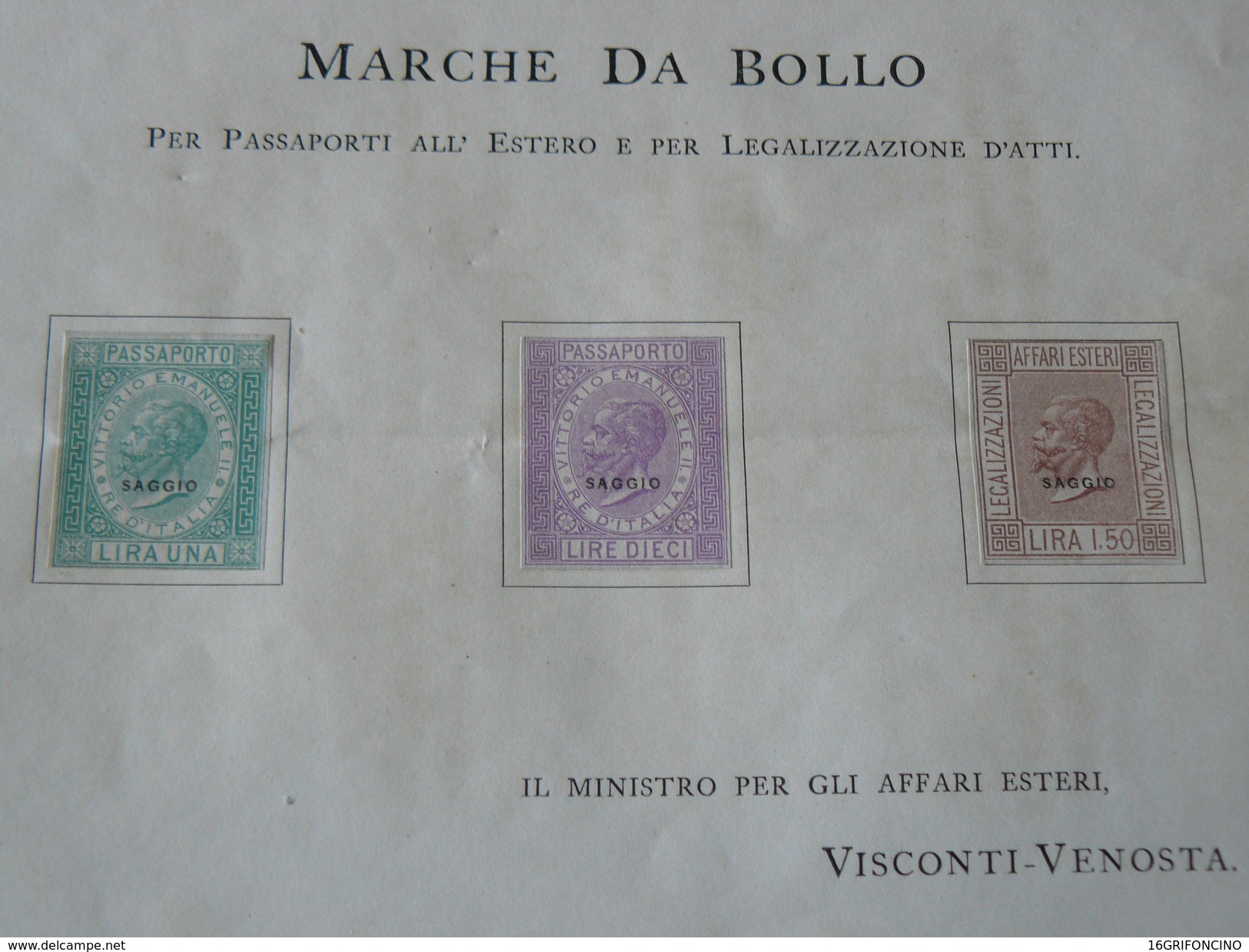 3 SAGGI VENOSTA PER LE MARCHE DA BOLLO PER PASSAPORTI ALL'ESTERO E PER LEGALIZZAZIONE D'ATTI DA :1 L. - 1,5 L - 10 LIRE - Fiscaux