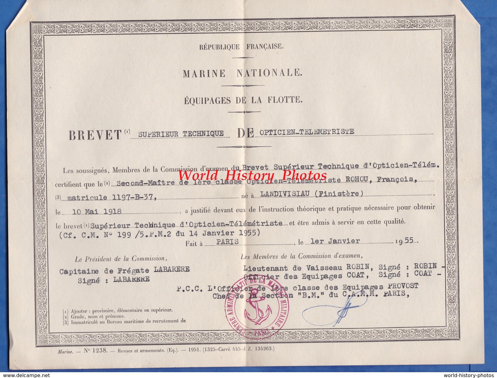 Document Ancien Brevet Supérieur Technique Opticien Télémetriste François ROHOU Né à LANDIVISIAU - 1955 Marine Nationale - Bateaux