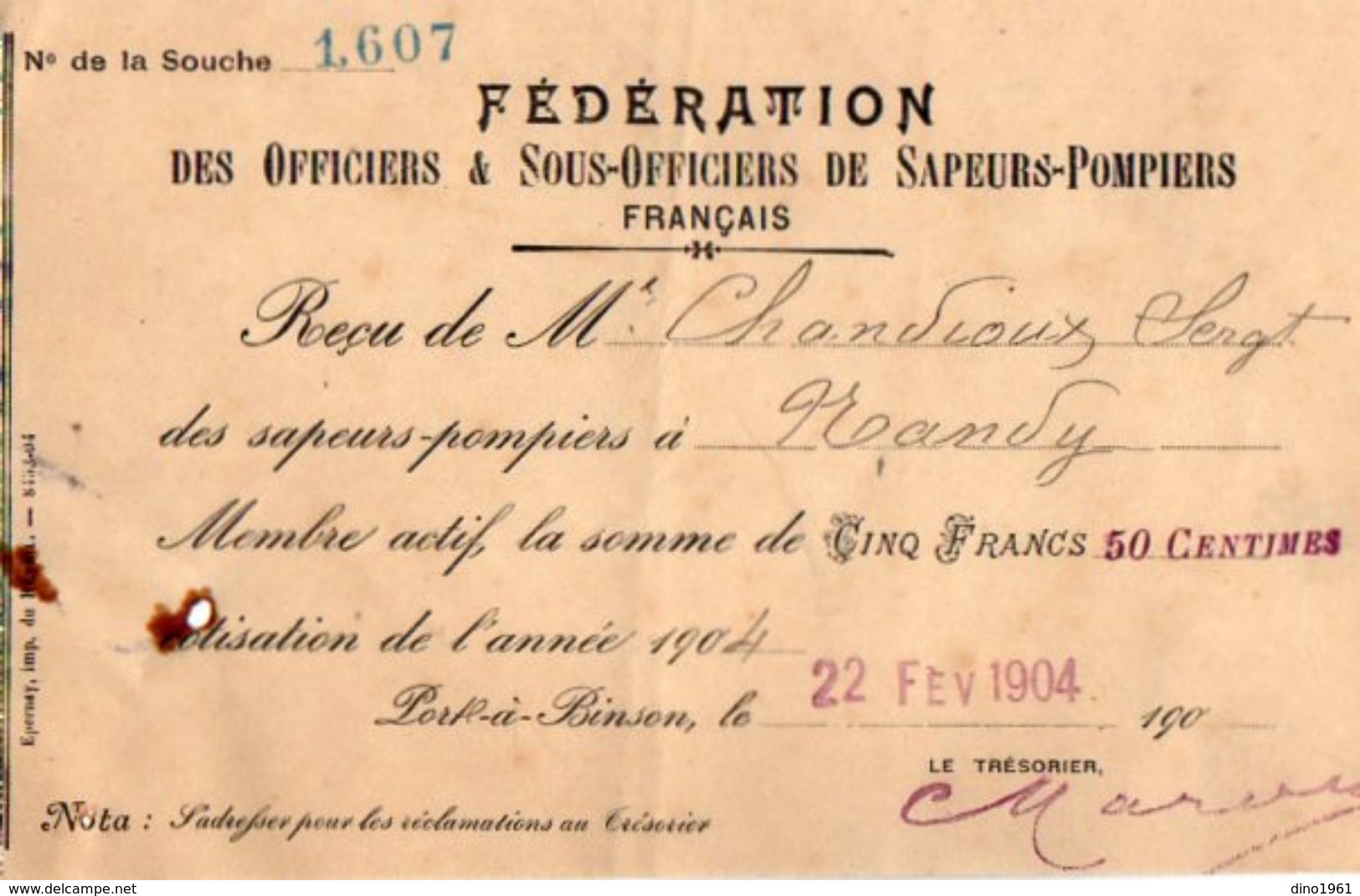 VP11.816 - Reçu De La Fédération Des Officiers & Sous - Officiers De Sapeurs - Pompiers De PORT A BINSON - Pompiers