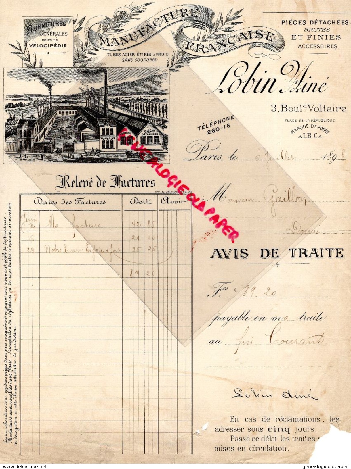 75- PARIS-RARE  FACTURE LOBIN AINE-MANUFACTURE FRANCAISE POUR VELOCIPEDIE-VELO-VELOCIPEDE-3 BD VOLTAIRE-1898 VUE USINE - 1800 – 1899