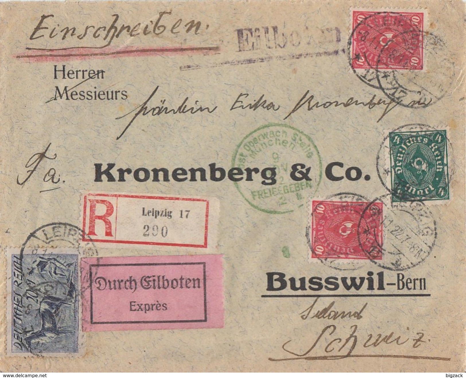 DR Brief R-Eilbote Mif Minr.196,4x 206,226 Leipzig 8.11.22 Gel.  In Schweiz Zensur Postüberwachungsstelle München - Briefe U. Dokumente