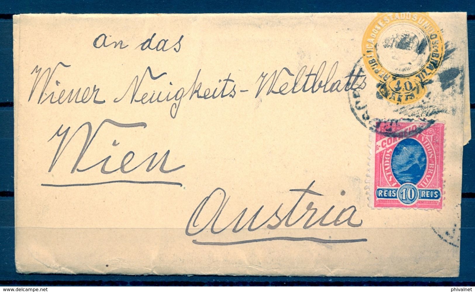 BRASIL , FAJA POSTAL CIRCULADA A VIENA , FRANQUEO COMPLEMENTARIO , LLEGADA - Briefe U. Dokumente