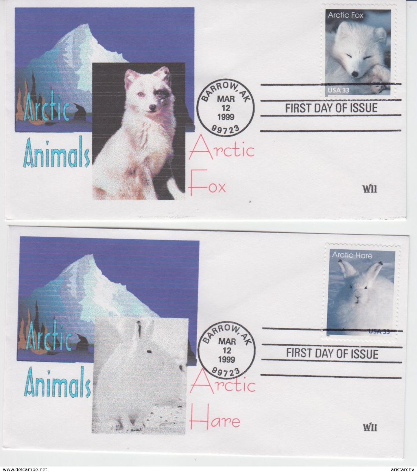 USA 1999 ARCTIC ANIMALS FOX HARE WOLF BEAR OWL 5 FDC - Arctic Tierwelt