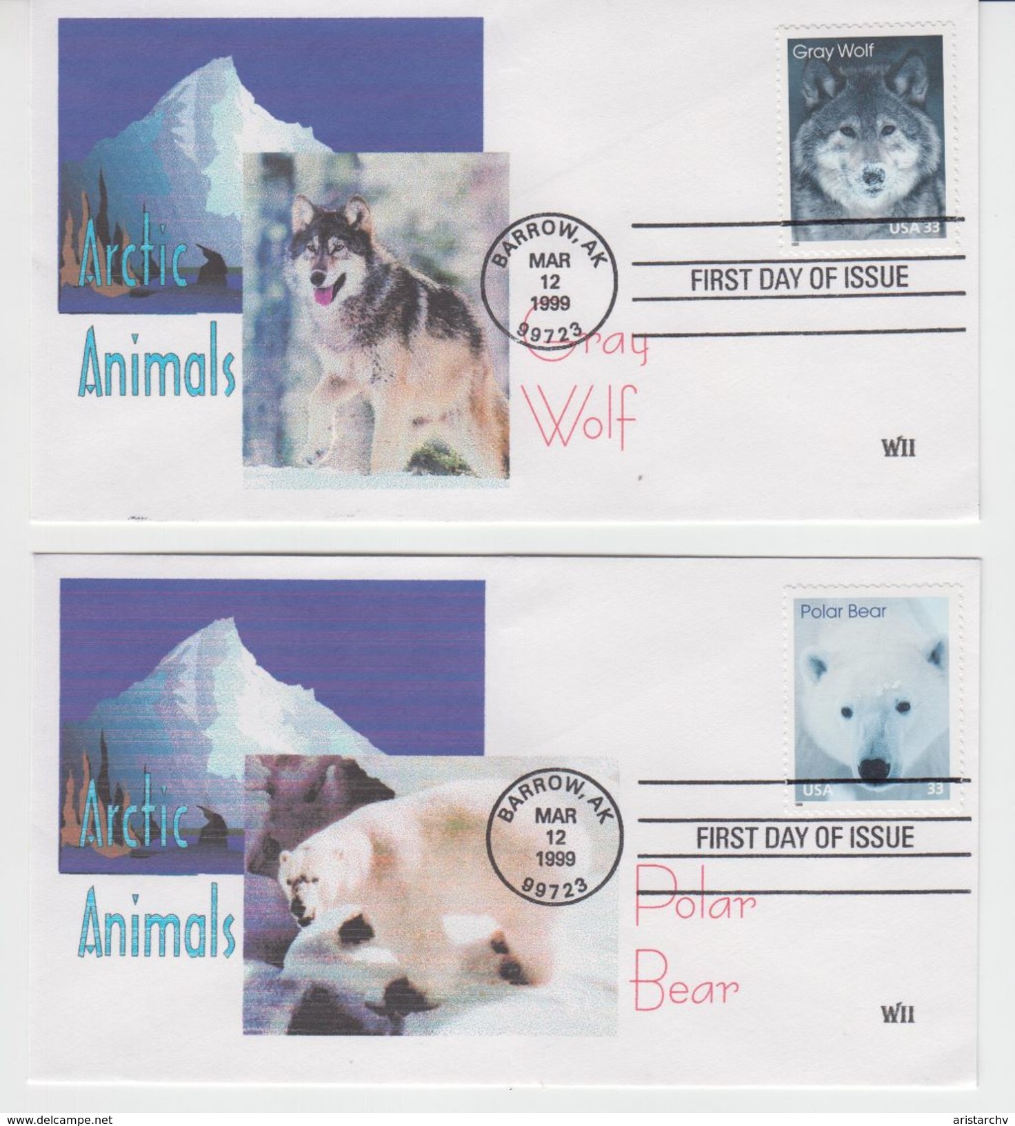 USA 1999 ARCTIC ANIMALS FOX HARE WOLF BEAR OWL 5 FDC - Faune Arctique