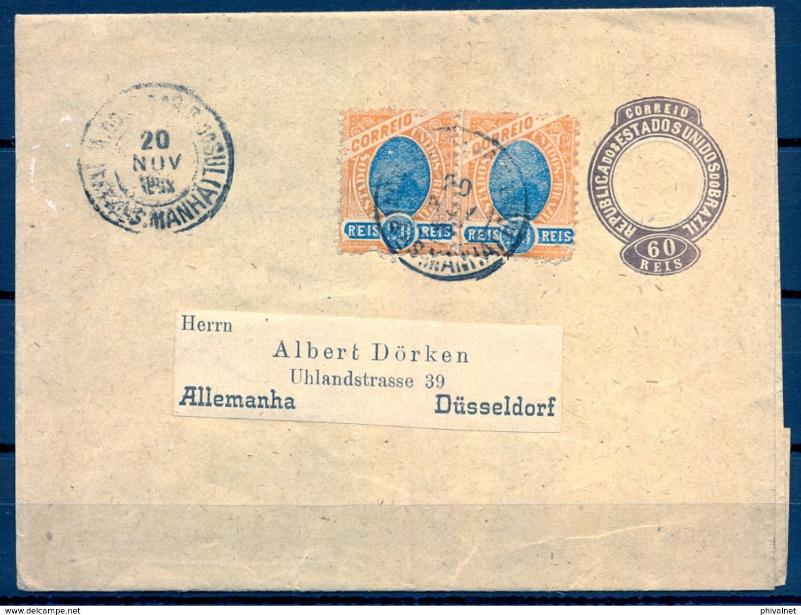 1898 BRASIL , FAJA POSTAL CIRCULADA A DÜSSELDORF , FRANQUEO COMPLEMENTARIO , LLEGADA - Storia Postale