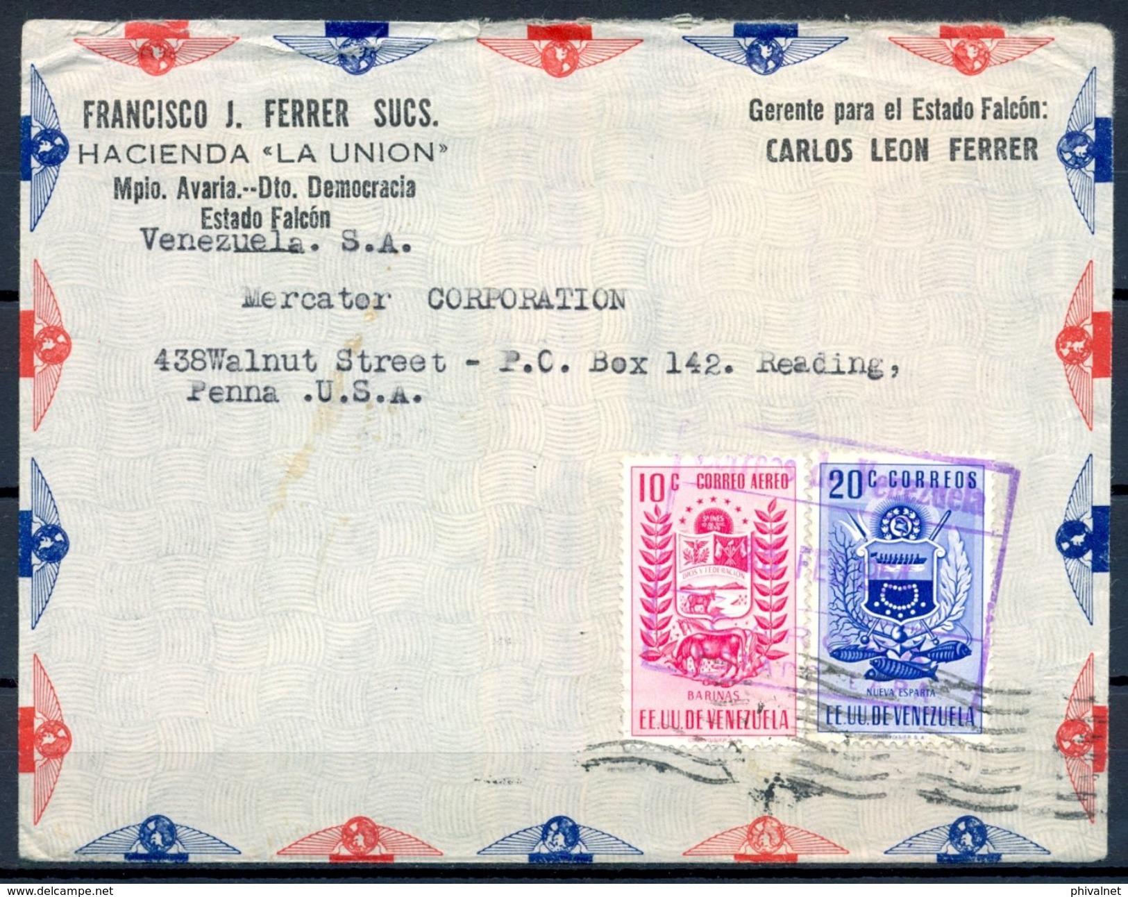 1954 , VENEZUELA , ESTADO FALCÓN - READING , SOBRE CIRCULADO , TRÁNSITO CARACAS - Venezuela