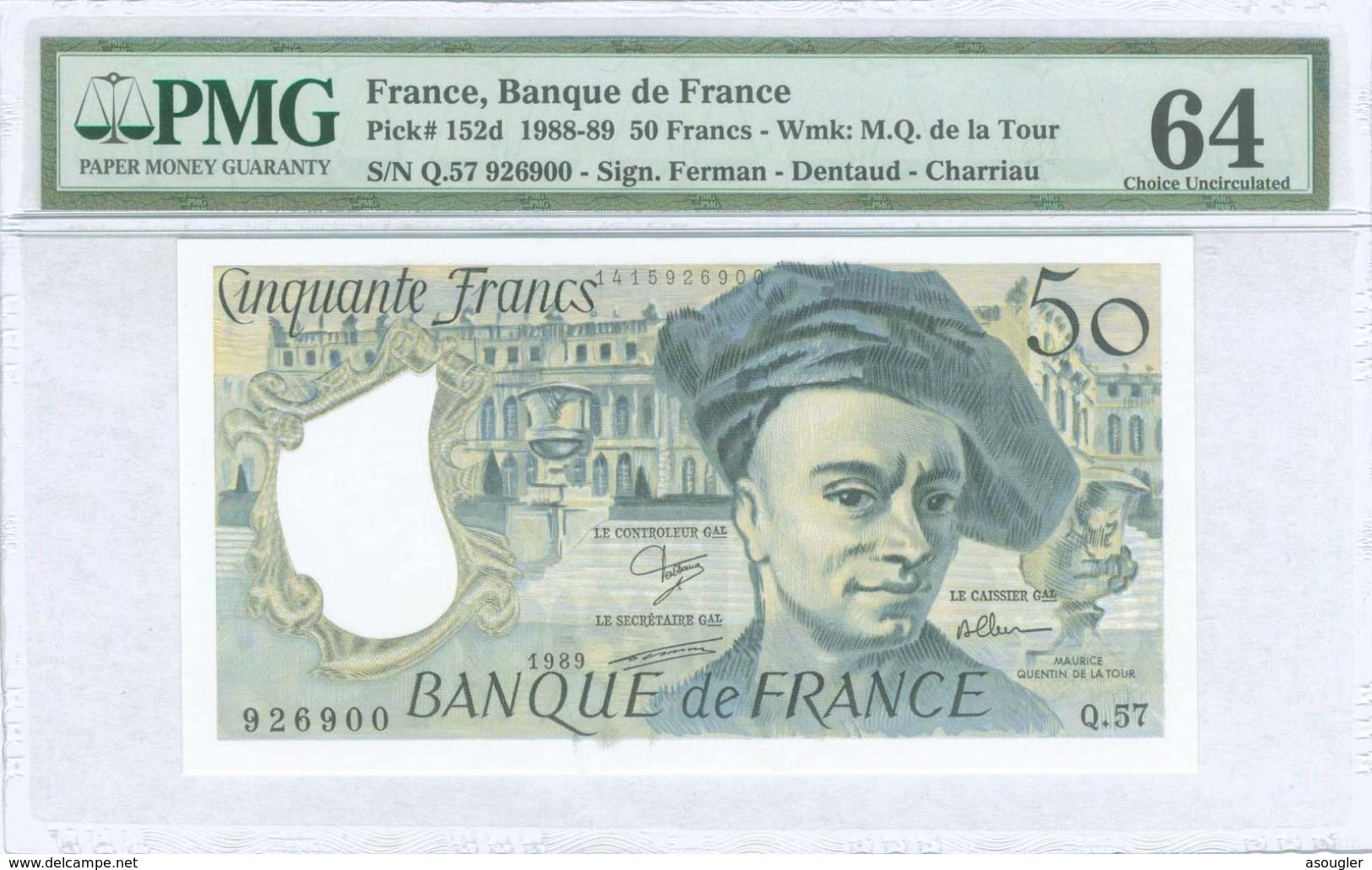 FRANCE 50 FRANCS 1989 PMG 64 UNC  Free Shipping Via Registered Air Mail - 50 F 1976-1992 ''quentin De La Tour''