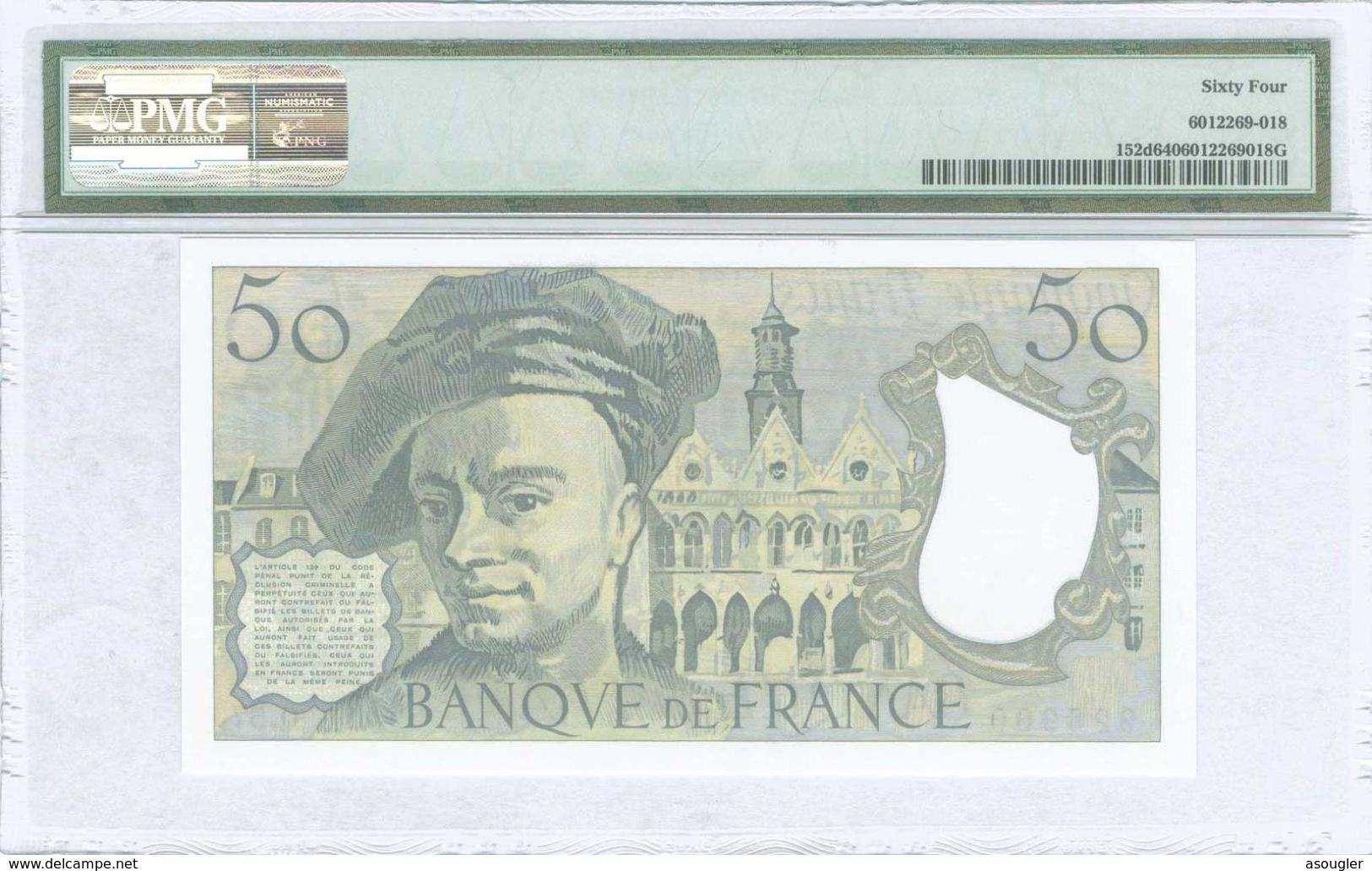 FRANCE 50 FRANCS 1989 PMG 64 UNC  Free Shipping Via Registered Air Mail - 50 F 1976-1992 ''Quentin De La Tour''