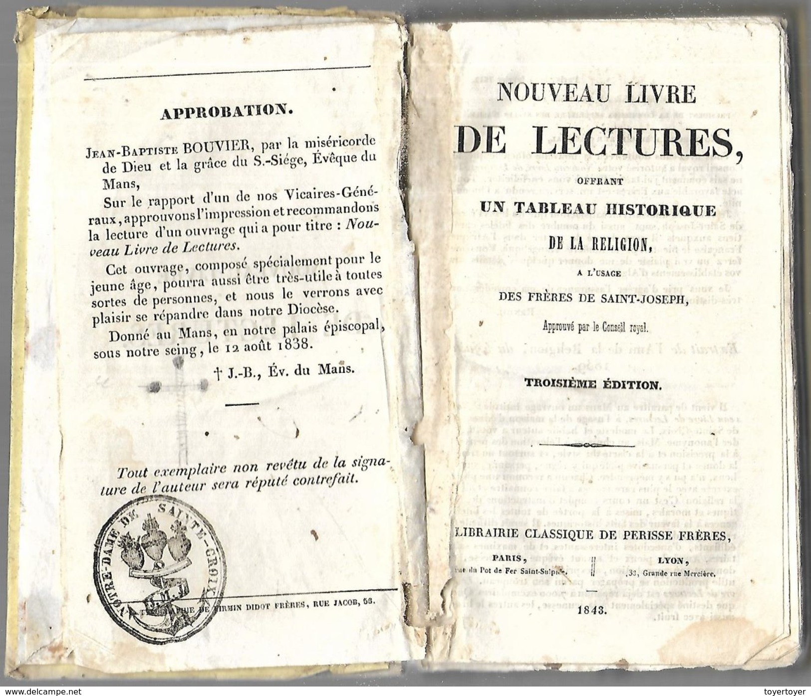 D332  Nouveau Livre De Lecture Offrant Un Tableau Historique De La Religion De 1843 - Diccionarios