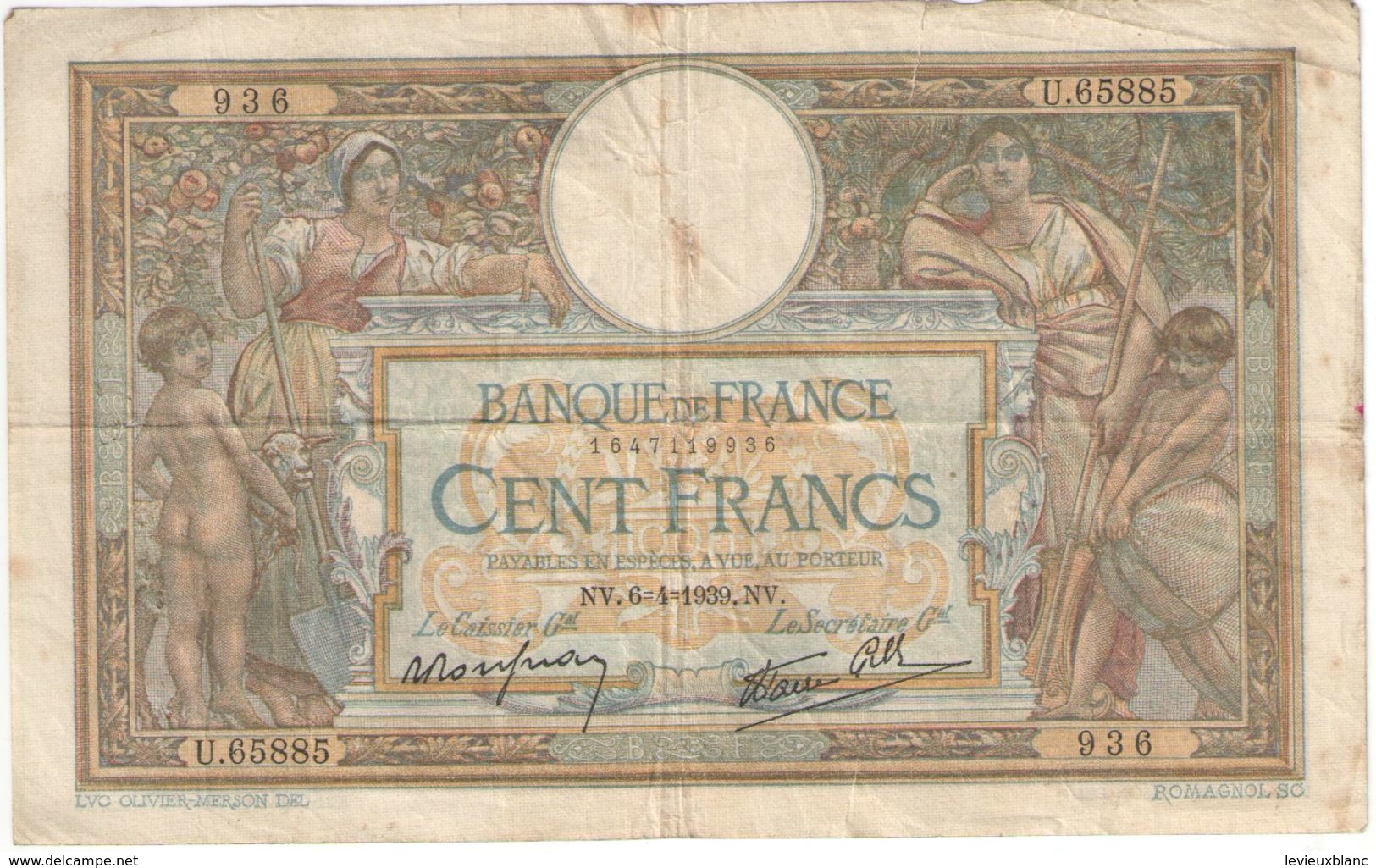 Billet/100 Francs/  Olivier Merson DEL/Banque De France/ 1939        BILL195 - 100 F 1908-1939 ''Luc Olivier Merson''