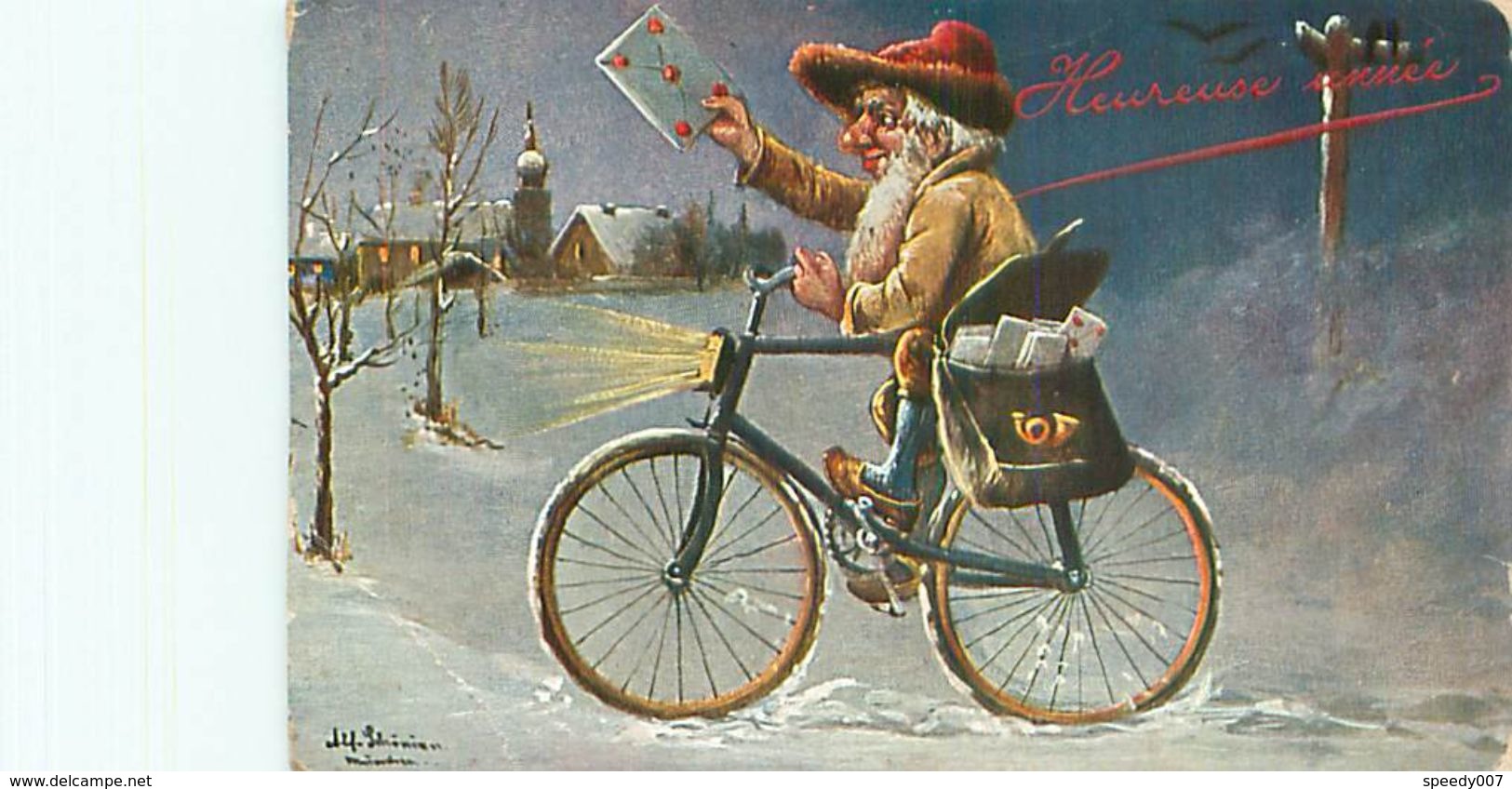 Illustration Bonne Année Lutin Sur Un Velo  Paysage Signé?  R  327 - Nouvel An