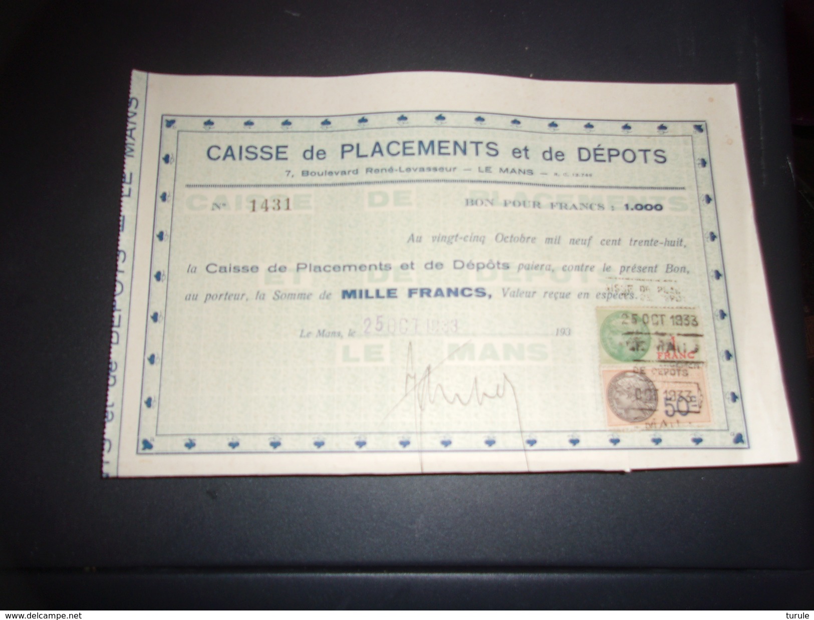 CAISSE DE PLACEMENTS ET DE DEPOTS  (1933) LE MANS - Other & Unclassified