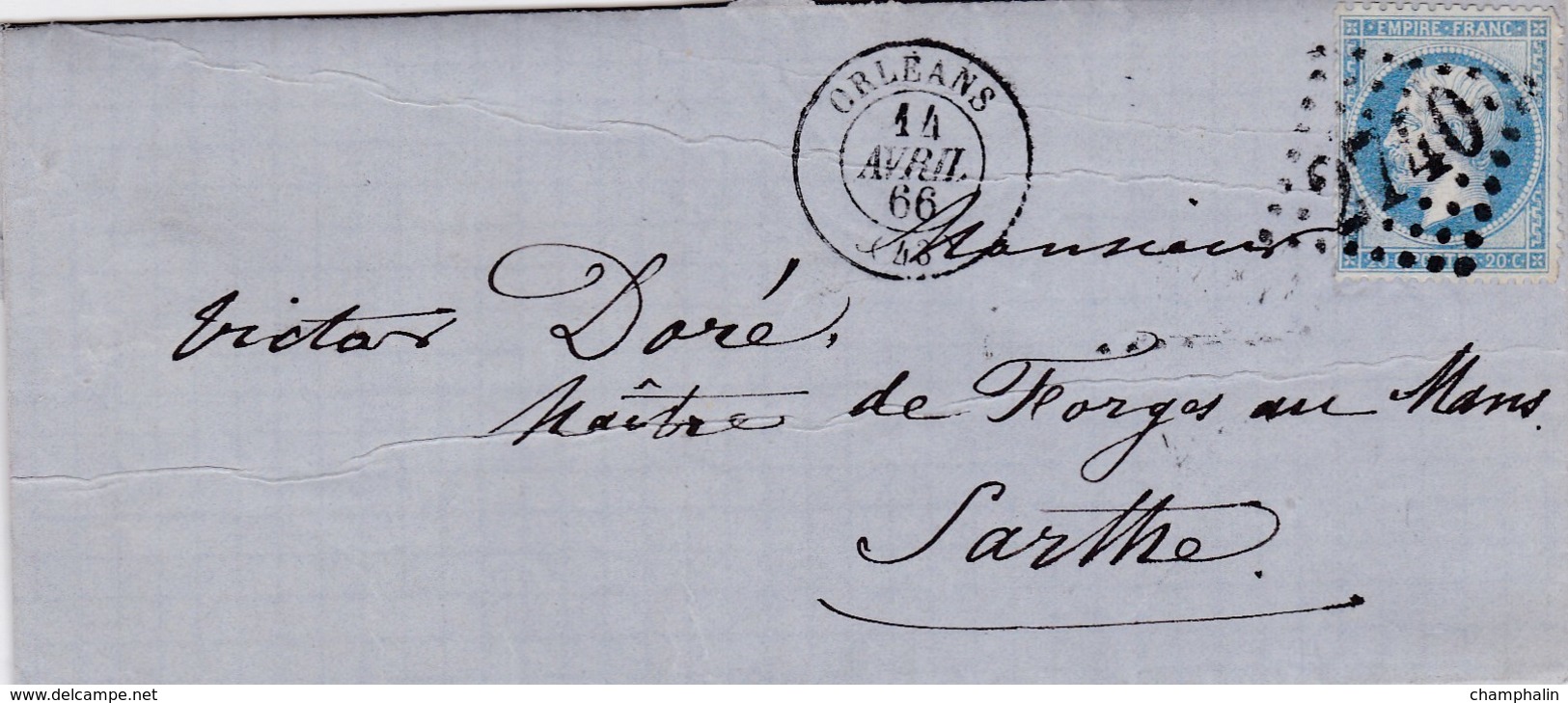 LAC De Orléans (45) Pour Le Mans (72) - 14 Avril 1866 - Timbre YT22 + Ob. Losange GC 2740 - CAD Rond Type 15 + Ambulant - 1849-1876: Periodo Clásico