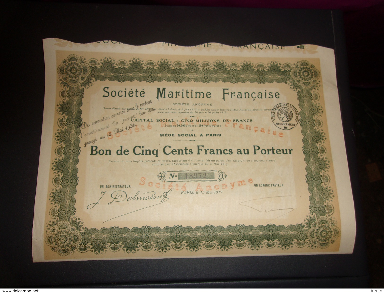 SOCIETE MARITIME FRANCAISE (bon De 500 Francs) 1919 - Autres & Non Classés
