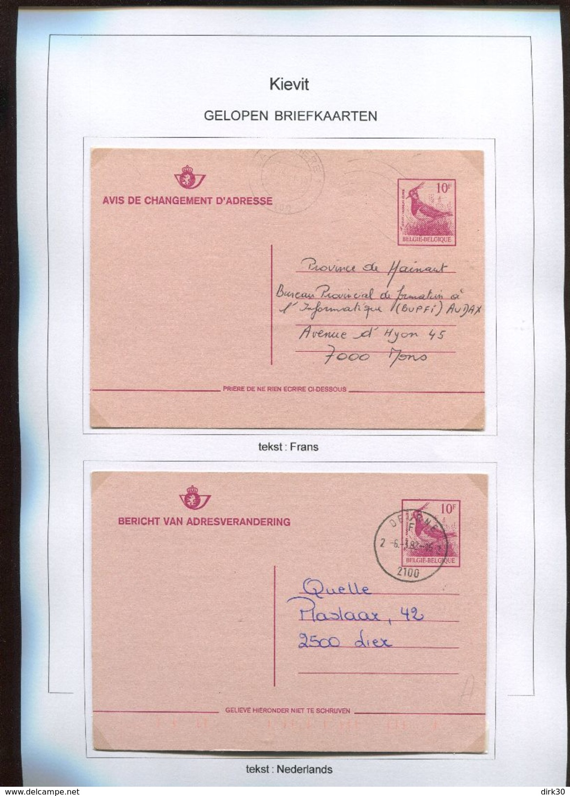 Belgie 4367 4 X Cartes Postales KIEVIT Andre Buzin Birds RR - Avis Changement Adresse