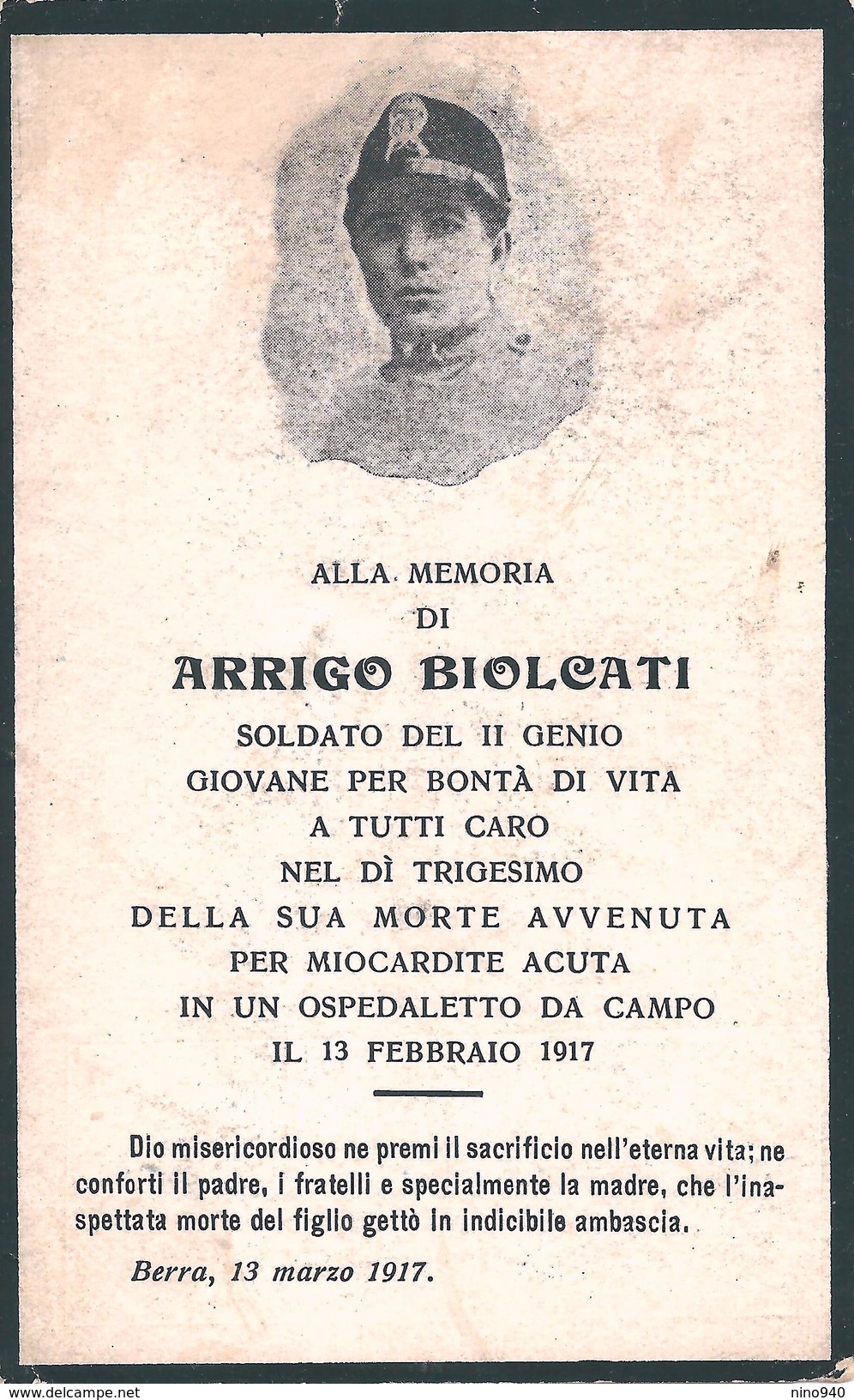 LUTTINO MILITARE: ARRIGO BIOLCATI - SOLDATO DEL II GENIO - Mm. 71 X 113 - ANNO 1917 - Religión & Esoterismo