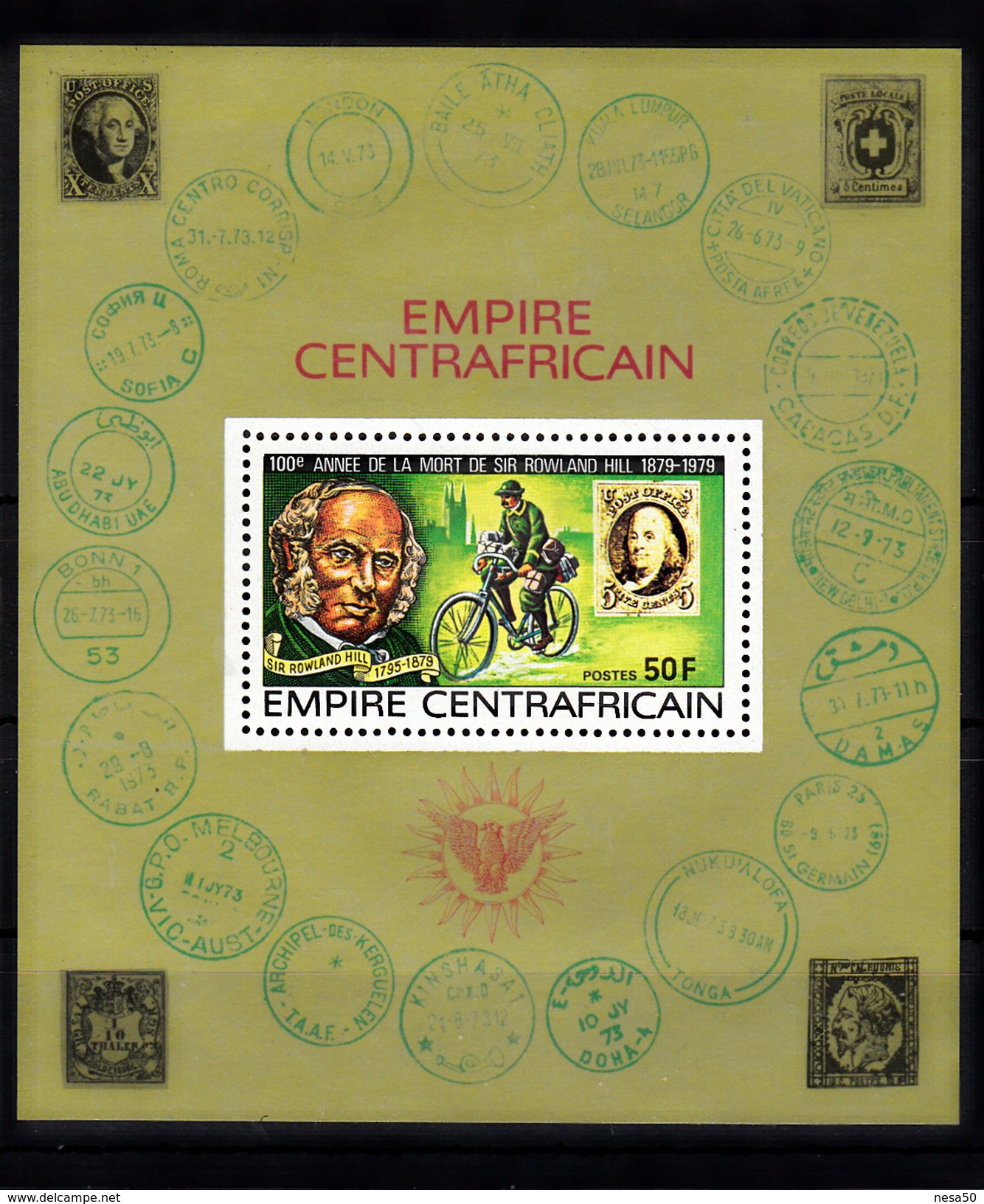 Centraal-Afrikaanse Rep. 1978 Mi Nr  Blok 41 , Sir Rowland Hill, Stamp On Stamp, Bike, Post - Centraal-Afrikaanse Republiek