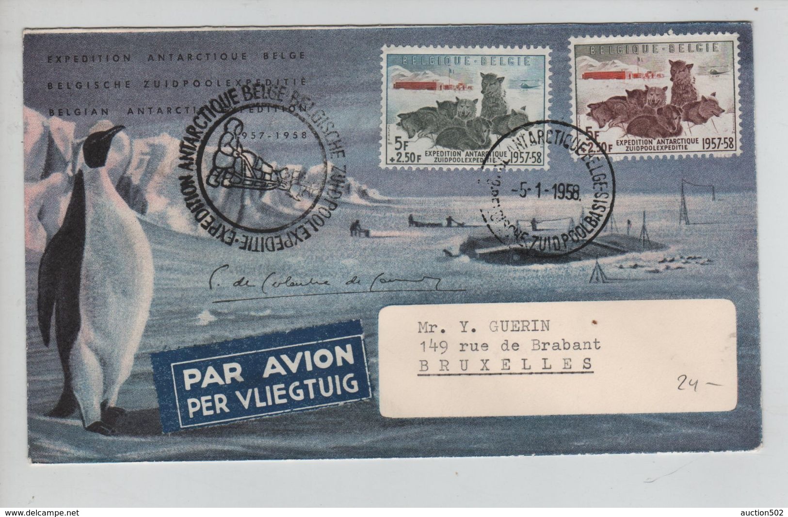 TP 1030-1031 S/L.Expédition Antarctique Belge 5/1/1958 V.BXL R.de Brabant C;d'arrivée PR5008 - Expéditions Antarctiques