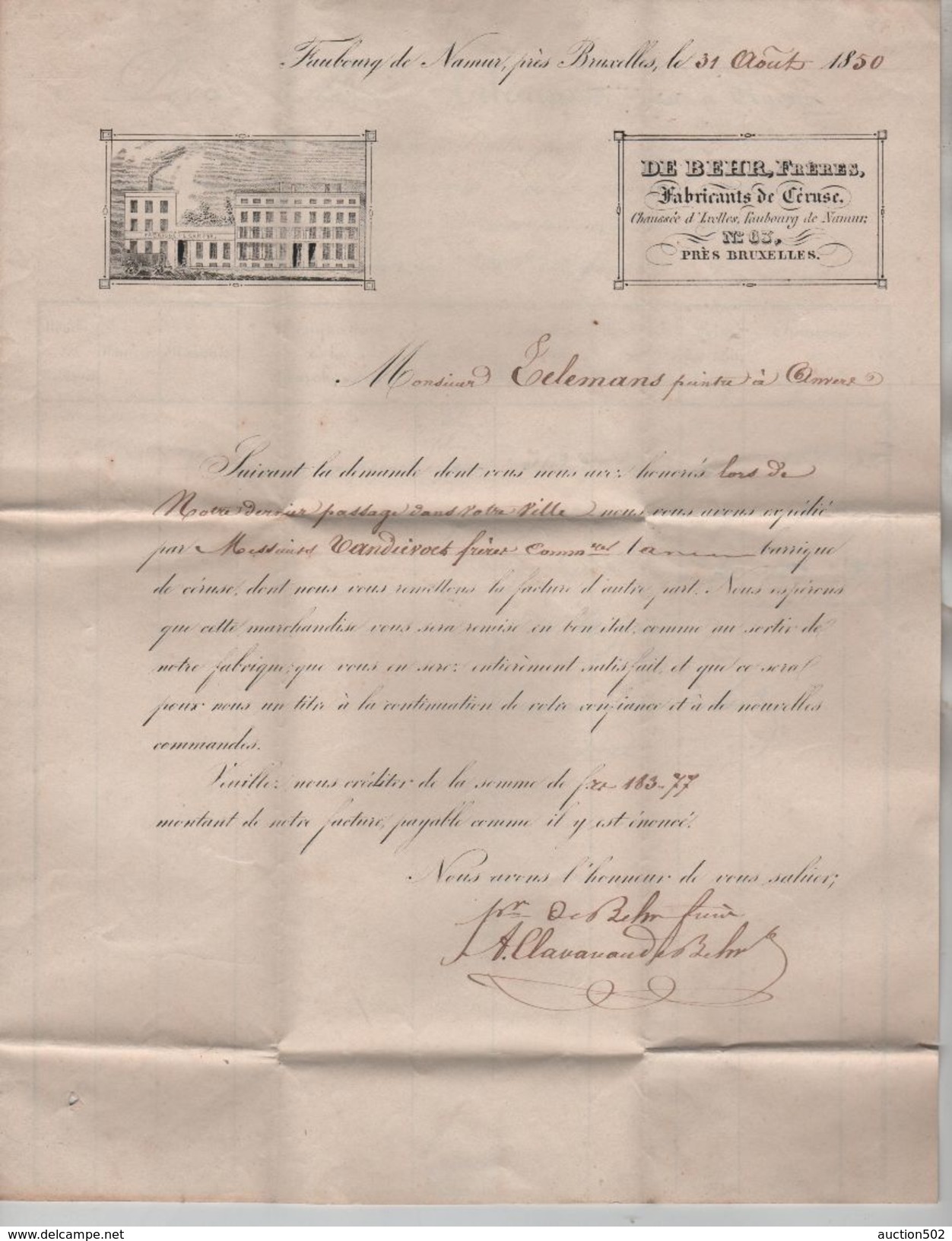 TP 2 Epaulette S/LAC C.Bruxelles 31/8/1850 Obl.à +Barres 24 V.Anvers C.d'arrivée Facture De Behr Fabricants De Céruse - Oblitérations à Barres: Perceptions