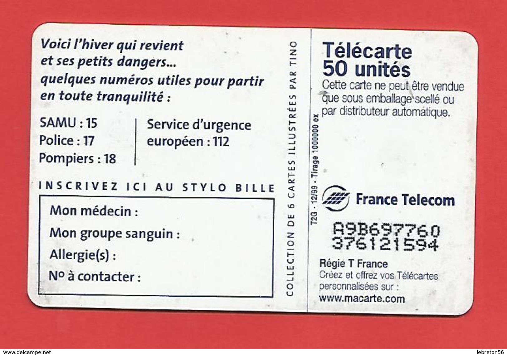 TELECARTE 50 U TIRAGE 1000 000 EX. Voici L'hiver Qui Revient - Seasons