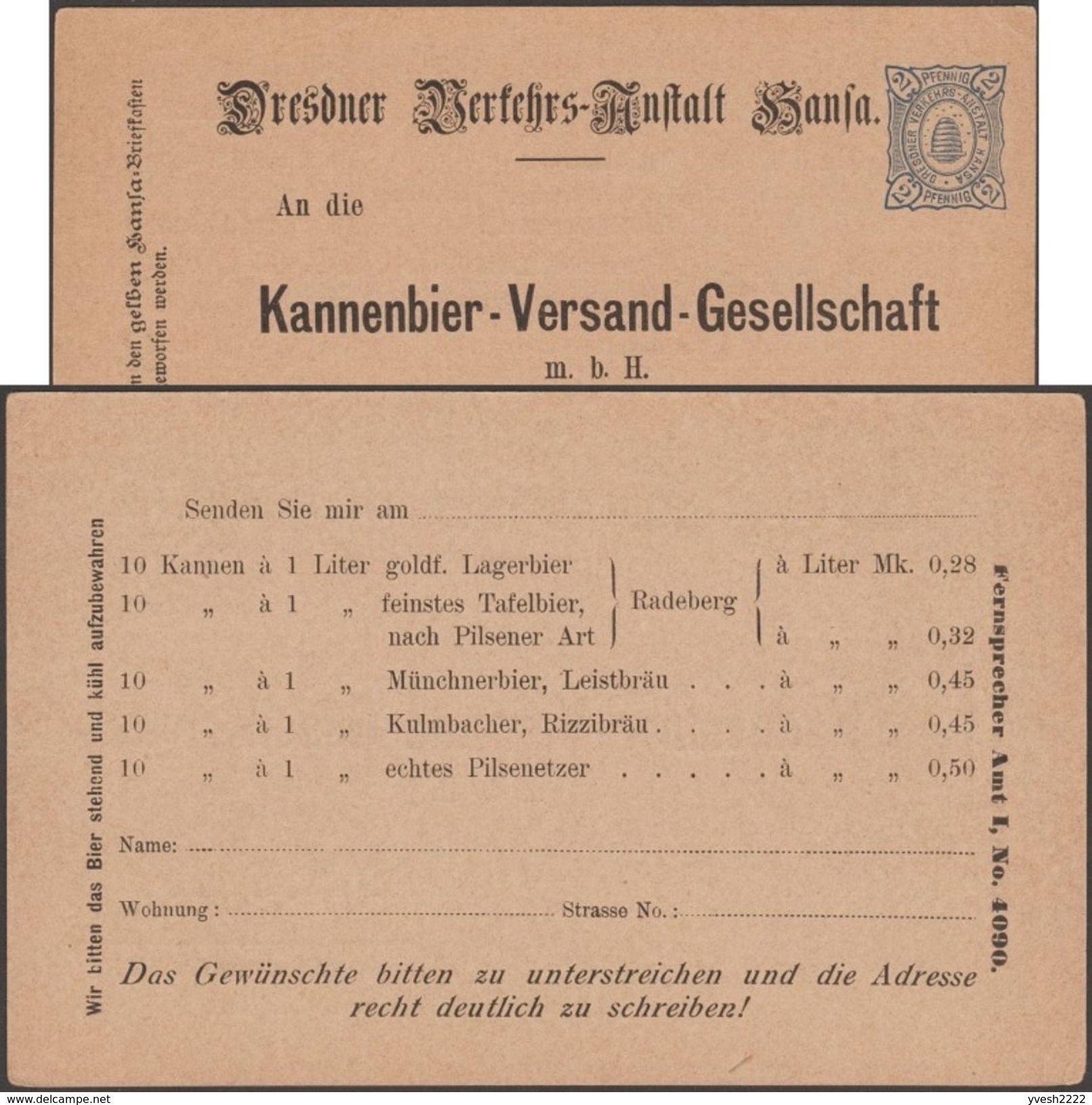 Dresde 1890, Poste Privée Stadtpost Hansa. Entier Postal, Bon De Commande De Bière. Pils, De Munich, Rizzi... - Bier